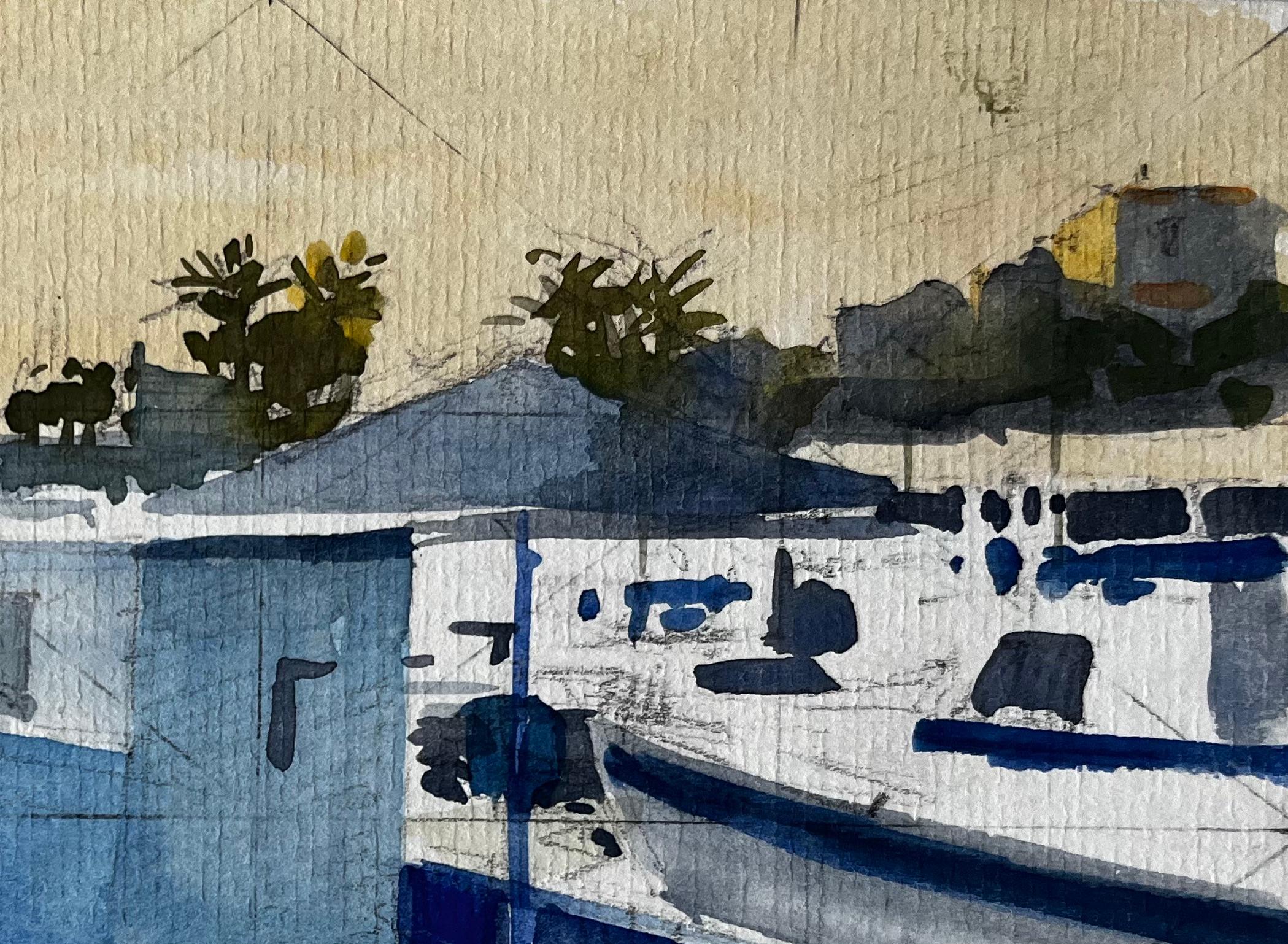 Scena del porto di Mentone con barche da pesca blu alla luce del mattino, acquerello - Landscape Art Grigio di Pierre Neveu
