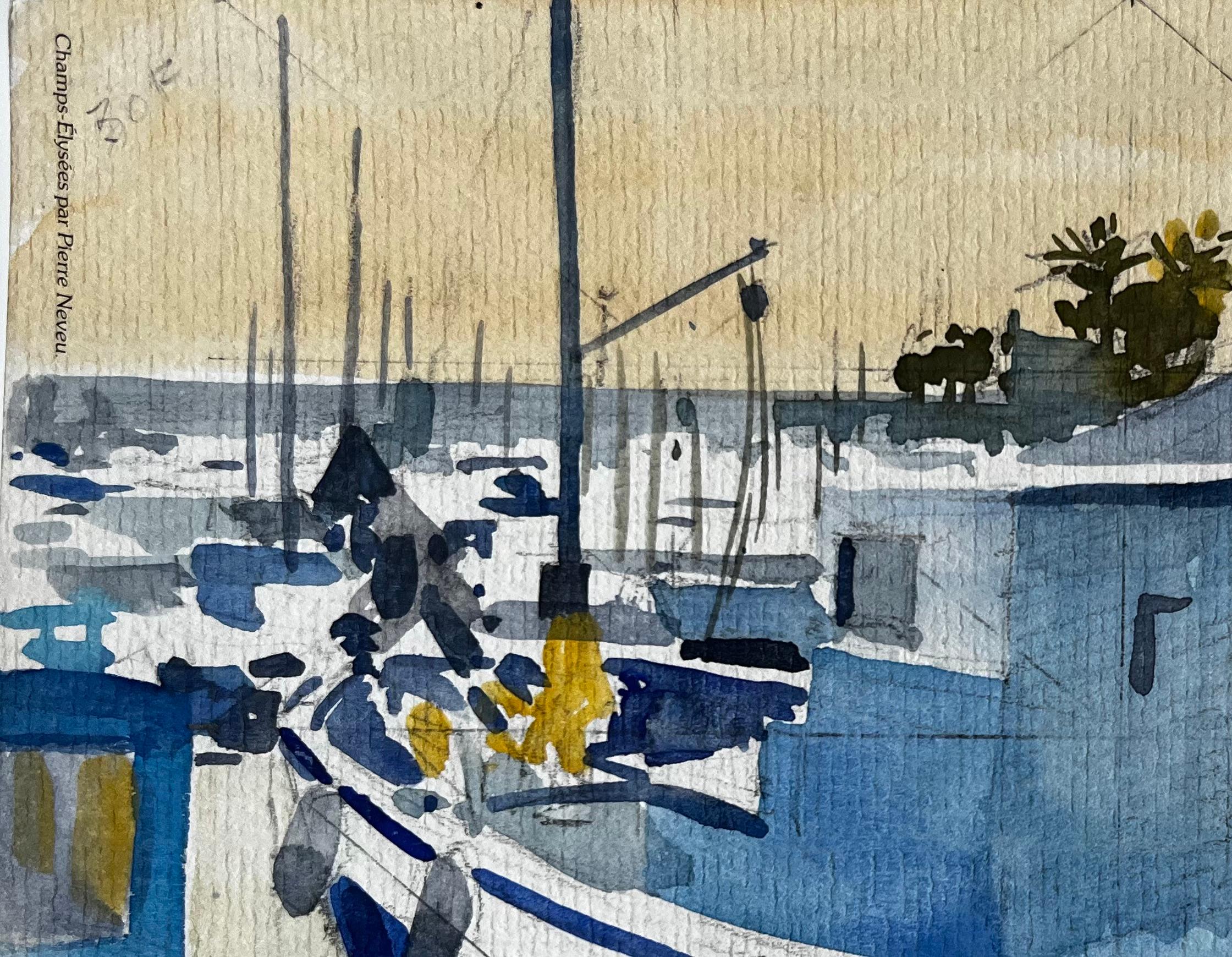 Scena del porto di Mentone con barche da pesca blu alla luce del mattino, acquerello - Art Postimpressionismo di Pierre Neveu
