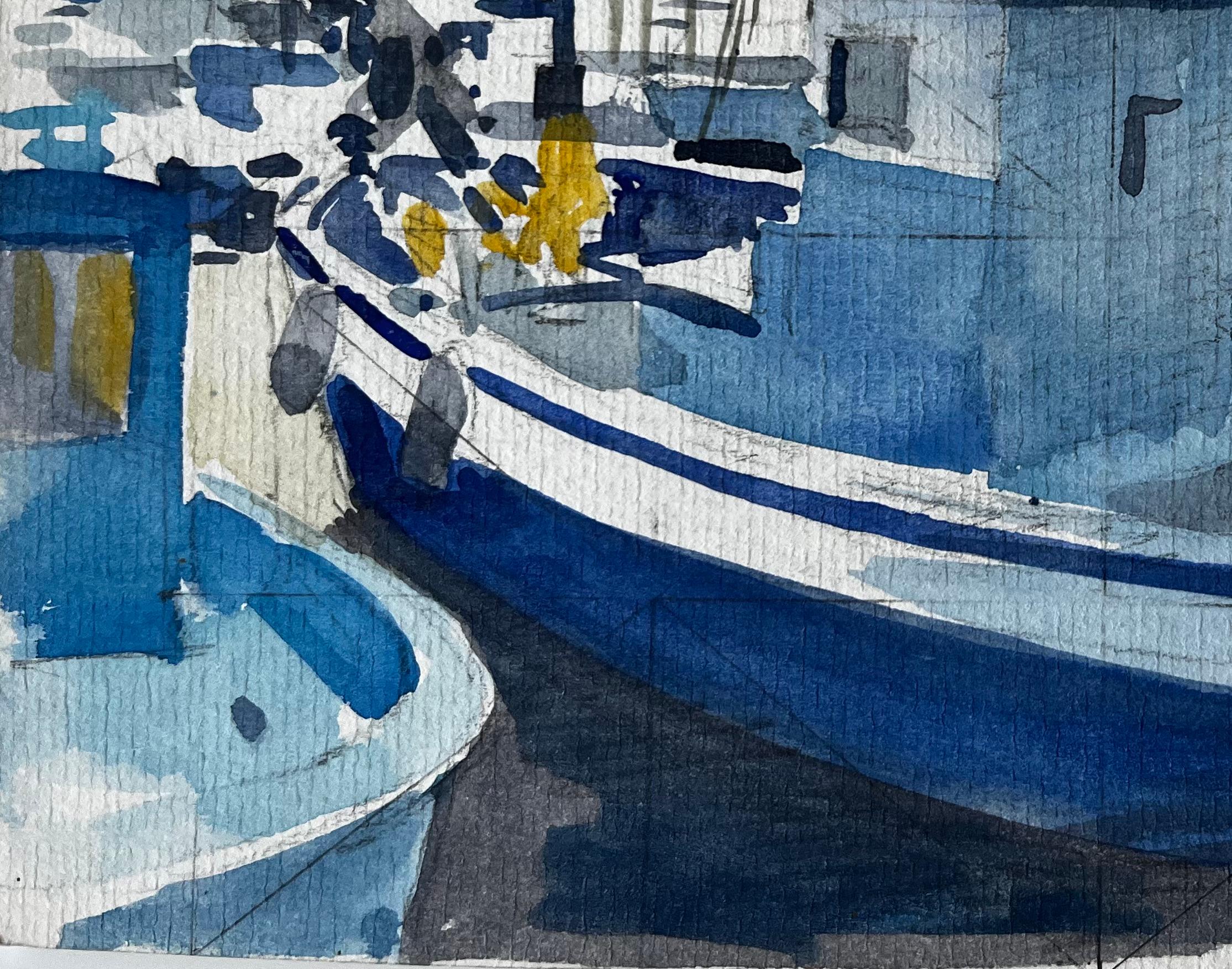 Scena del porto di Mentone con barche da pesca blu alla luce del mattino, acquerello in vendita 1