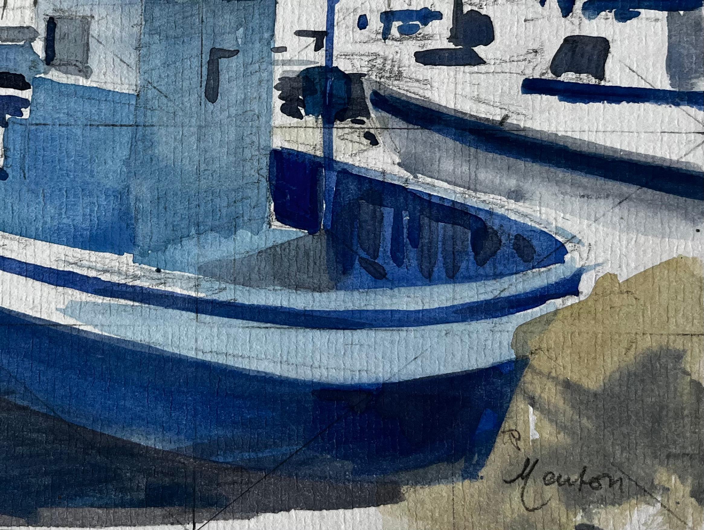 Titolo: Scena del porto di Mentone con barche da pesca blu alla luce del mattino, acquerello
Artista: Pierre Neveu (francese, nato nel 1929)
Medium: Acquerello su carta da artisti, senza cornice
Dimensioni (H. x L): 6,25 x 8,75 pollici
Firmato: