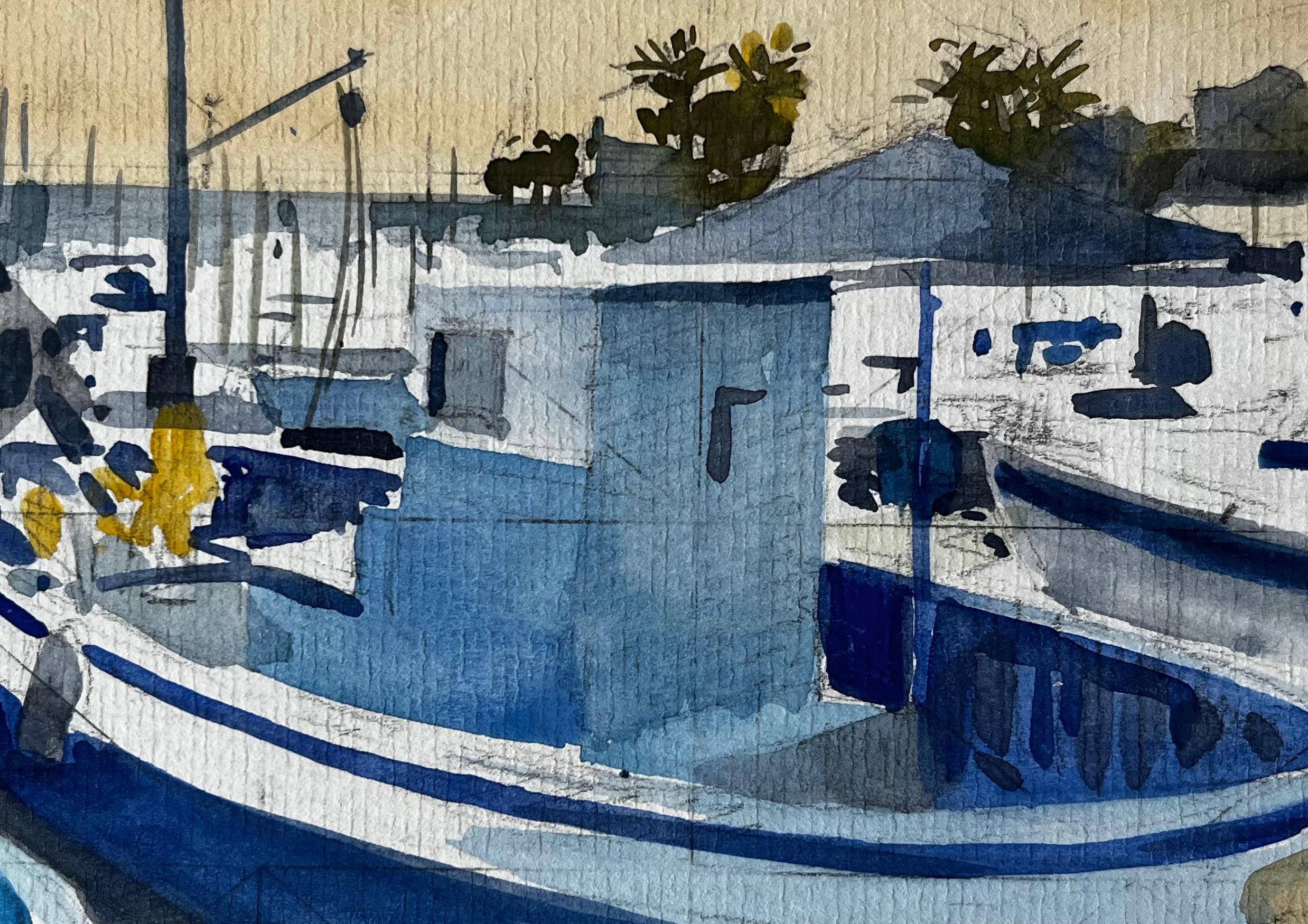 Scena del porto di Mentone con barche da pesca blu alla luce del mattino, acquerello in vendita 2