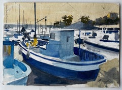 Menton Harbour Scene with Blue Fishing Boats under Morning Light Watercolour