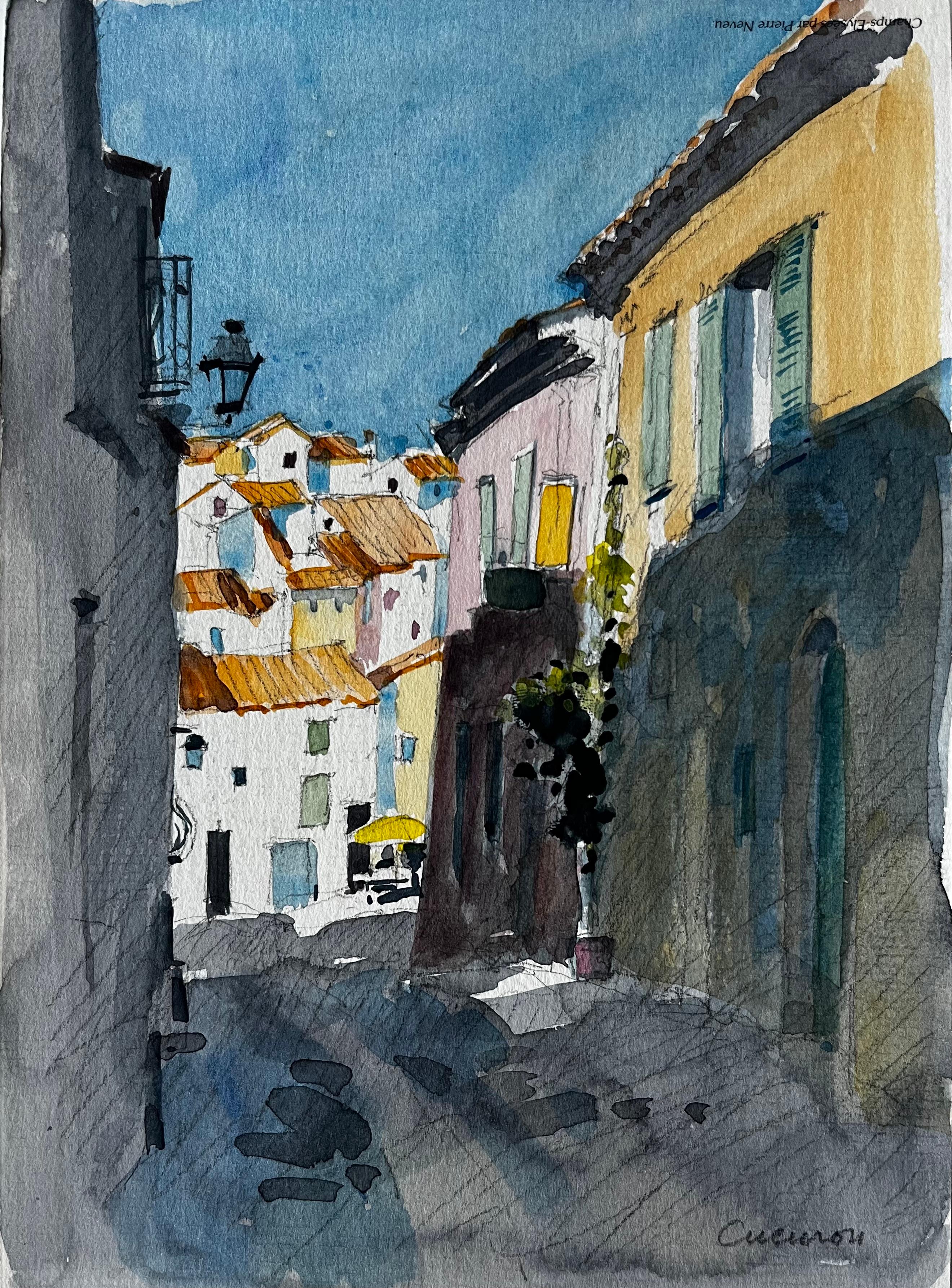 Calle iluminada por el sol en Cucuron con tejados de terracota y casas enrejadas Acuarela