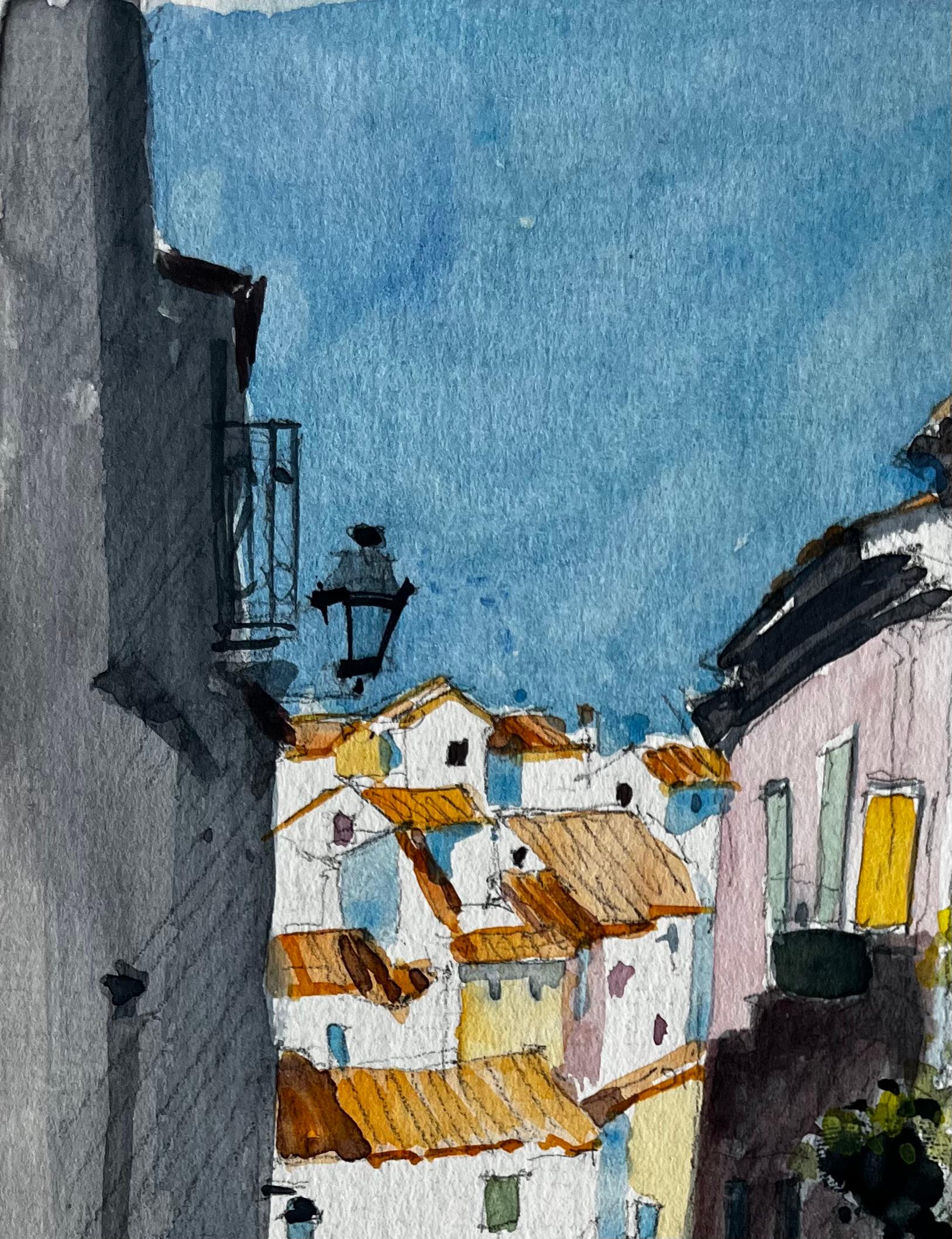 Strada illuminata dal sole a Cucuron con tetti in terracotta e case chiuse Acquerello - Art Postimpressionismo di Pierre Neveu