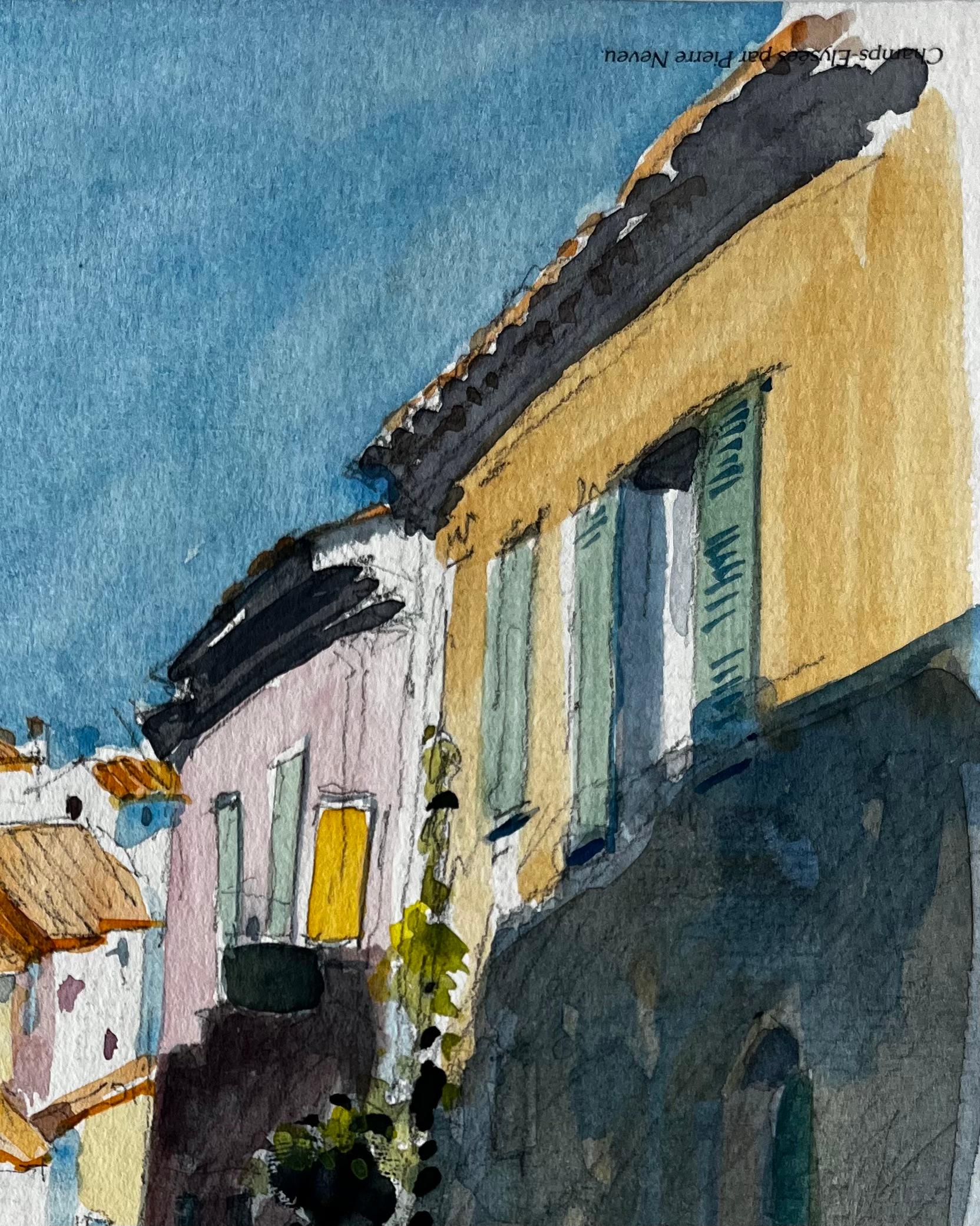 Strada illuminata dal sole a Cucuron con tetti in terracotta e case chiuse Acquerello - Landscape Art Grigio di Pierre Neveu