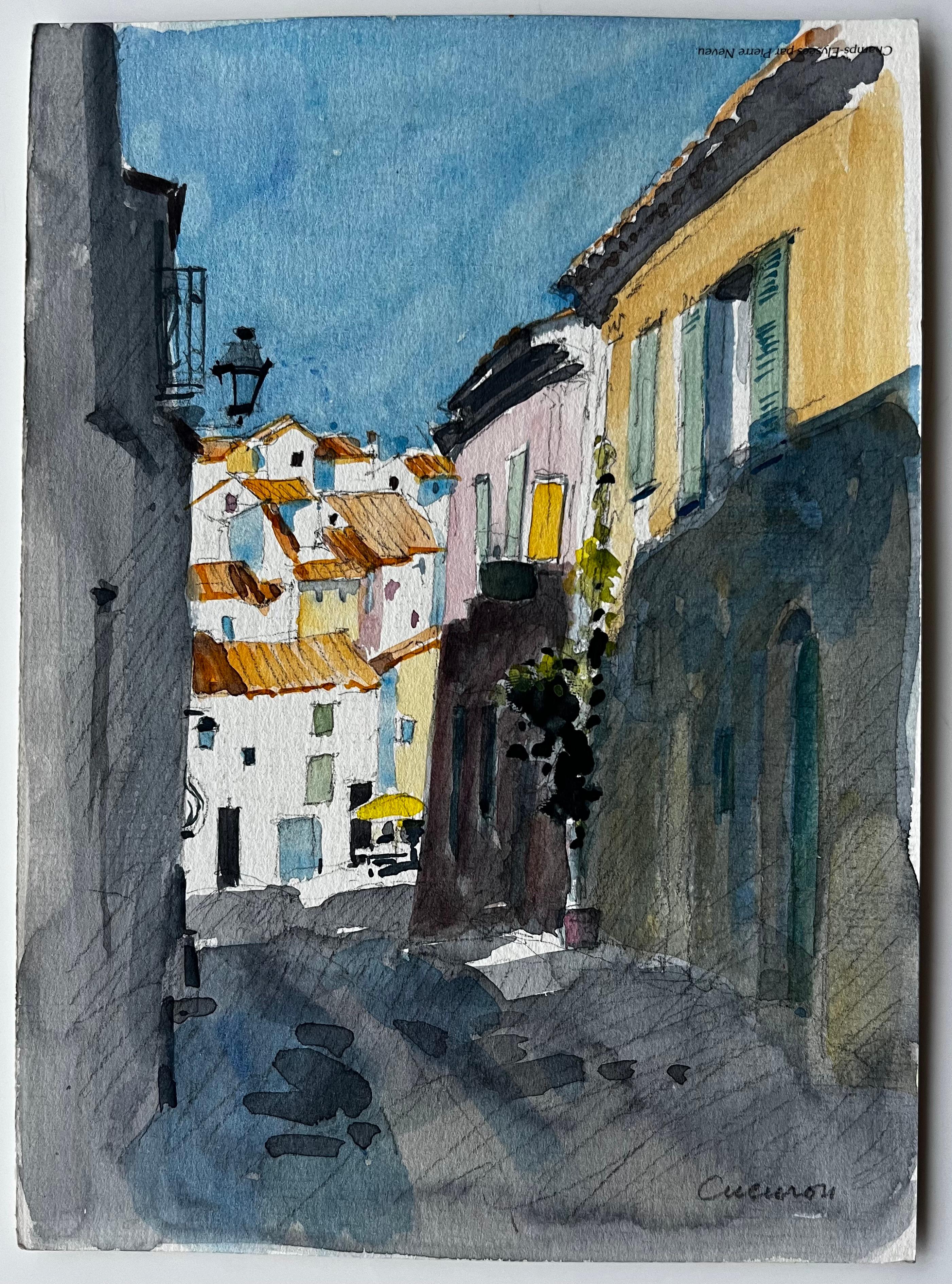 Strada illuminata dal sole a Cucuron con tetti in terracotta e case chiuse Acquerello - Art di Pierre Neveu