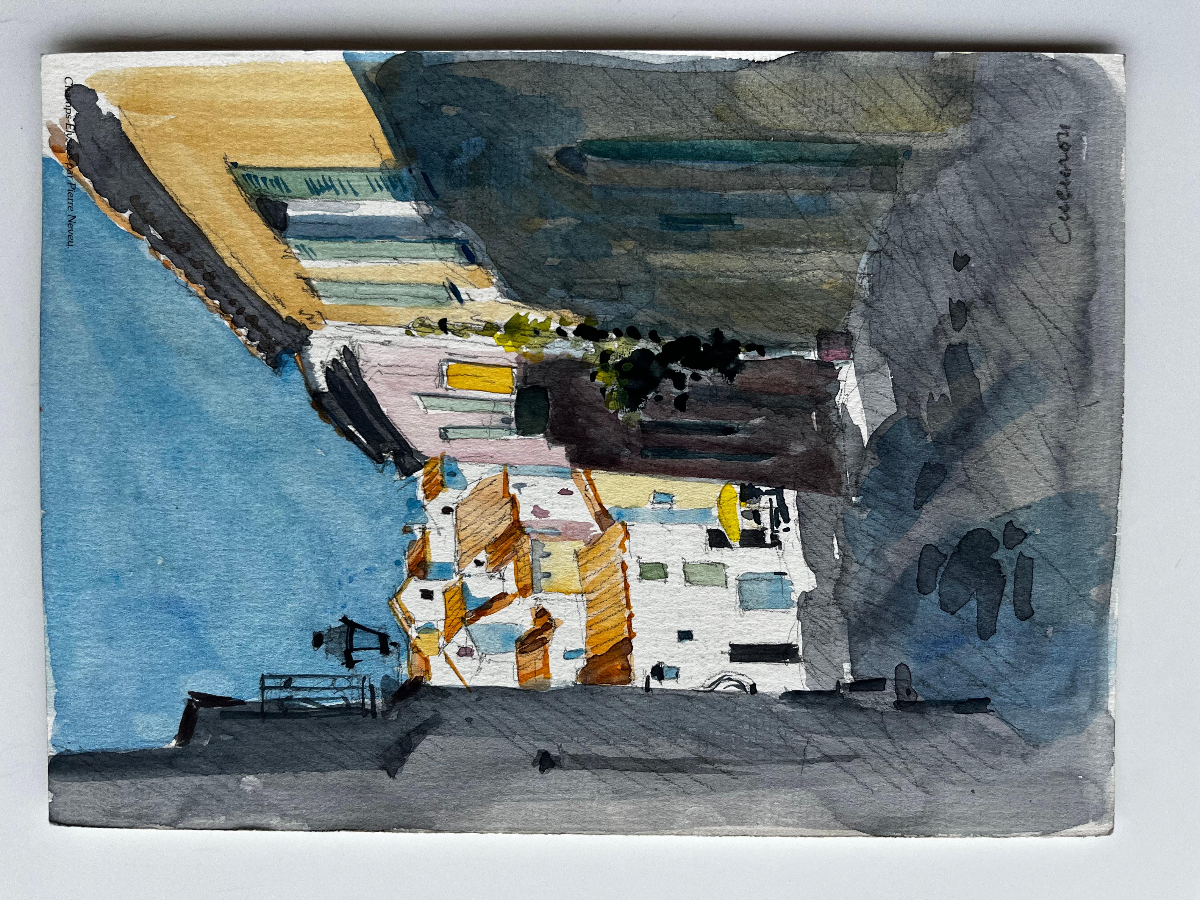 Strada illuminata dal sole a Cucuron con tetti in terracotta e case chiuse Acquerello in vendita 2