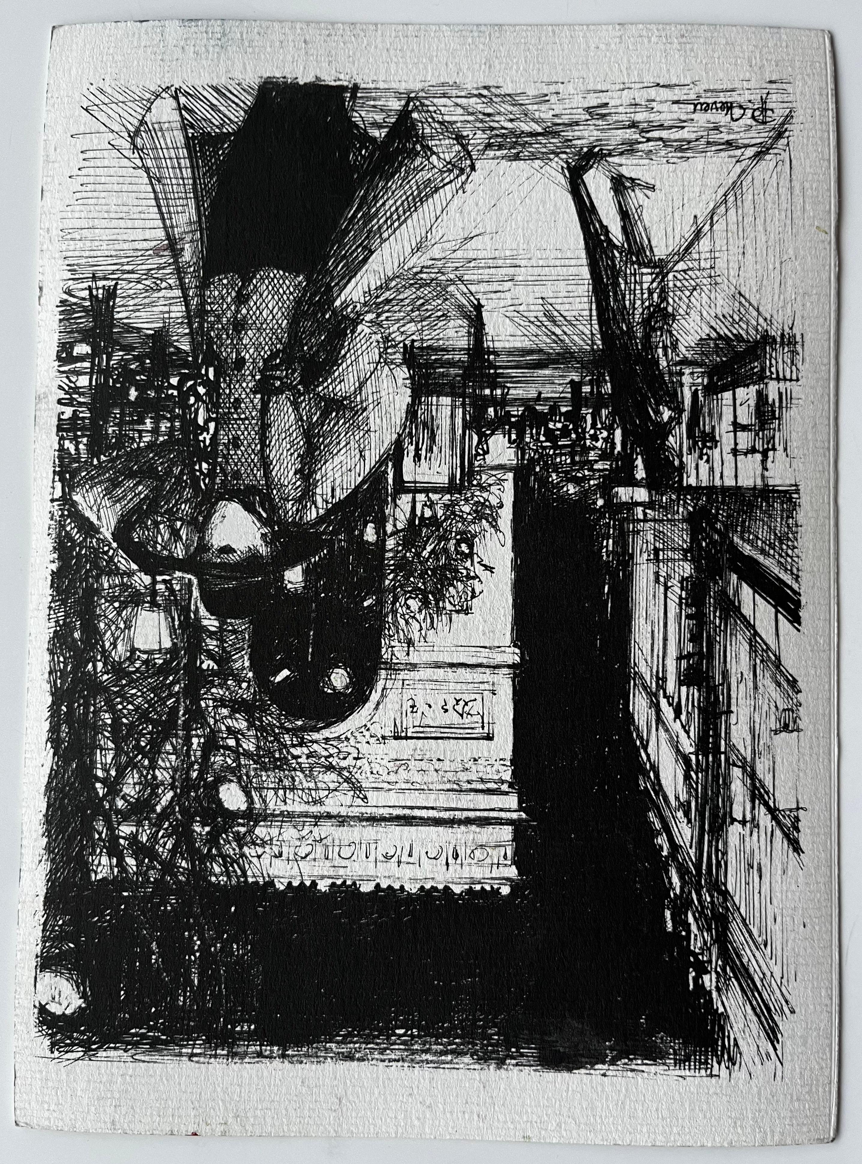 Strada illuminata dal sole a Cucuron con tetti in terracotta e case chiuse Acquerello in vendita 3