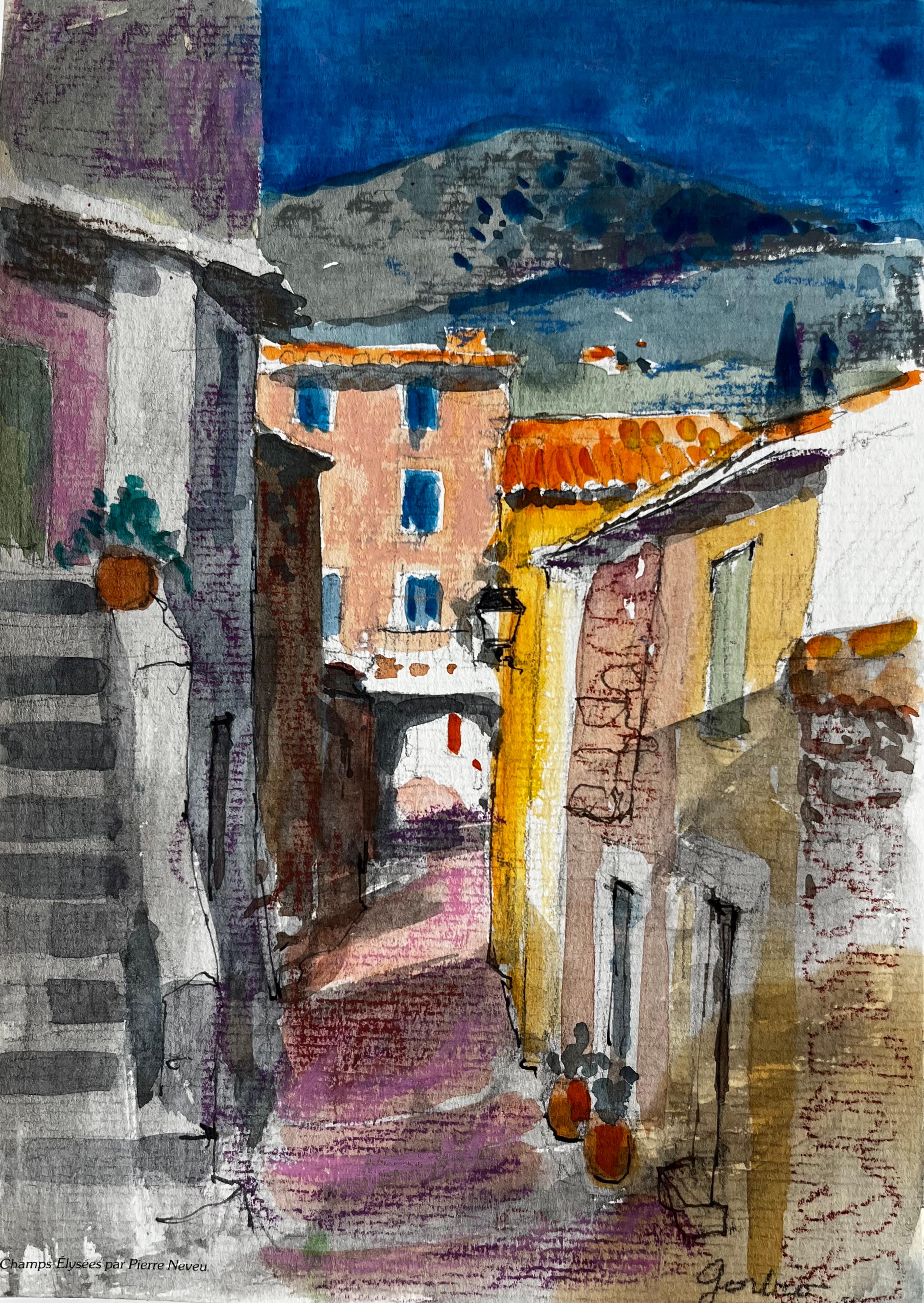 Landscape Painting de Pierre Neveu - Calle soleada de Gordes con tejados de terracota y colinas lejanas Acuarela