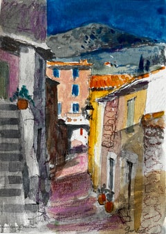 Calle soleada de Gordes con tejados de terracota y colinas lejanas Acuarela