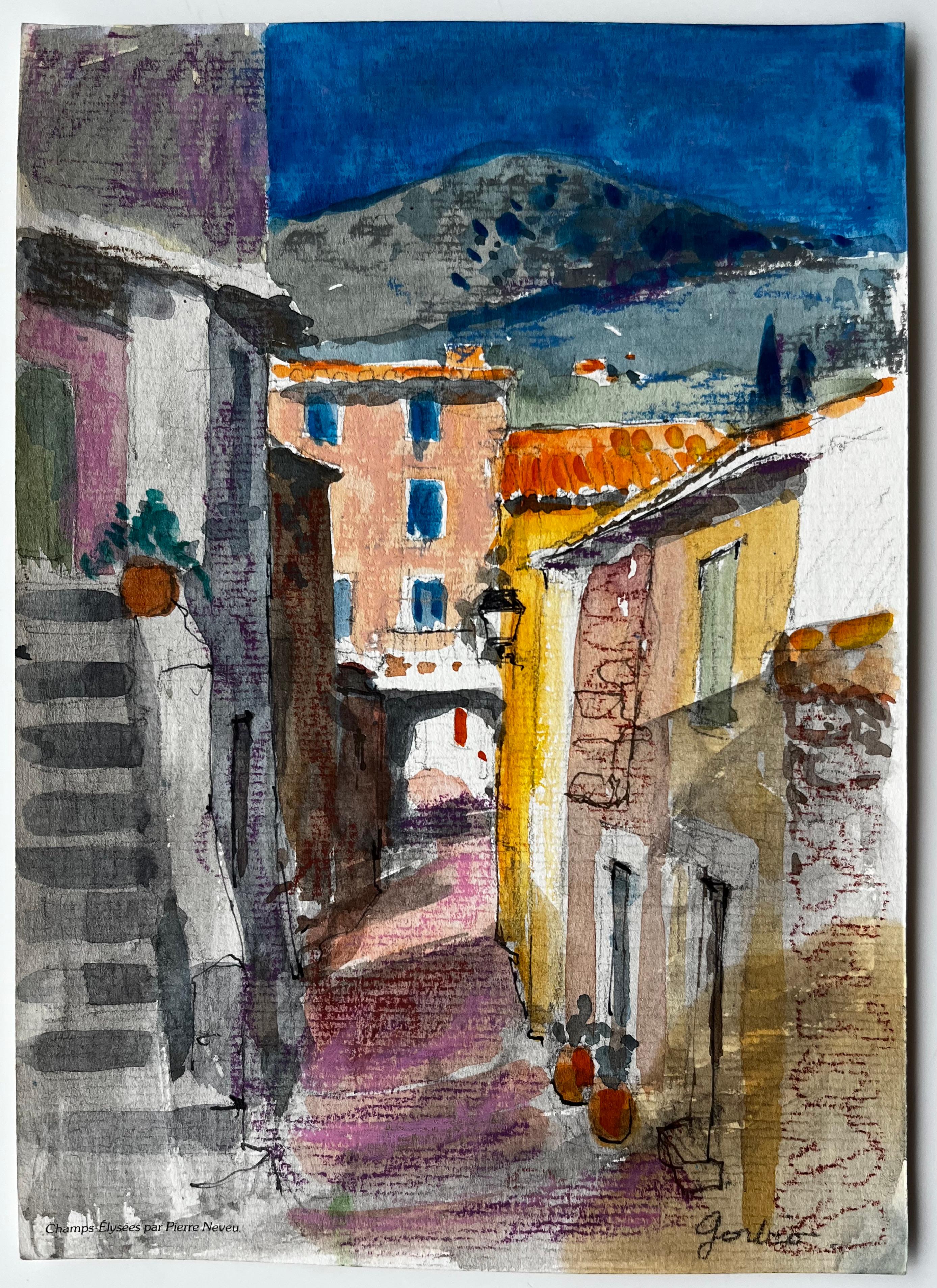 Calle soleada de Gordes con tejados de terracota y colinas lejanas Acuarela - Painting de Pierre Neveu