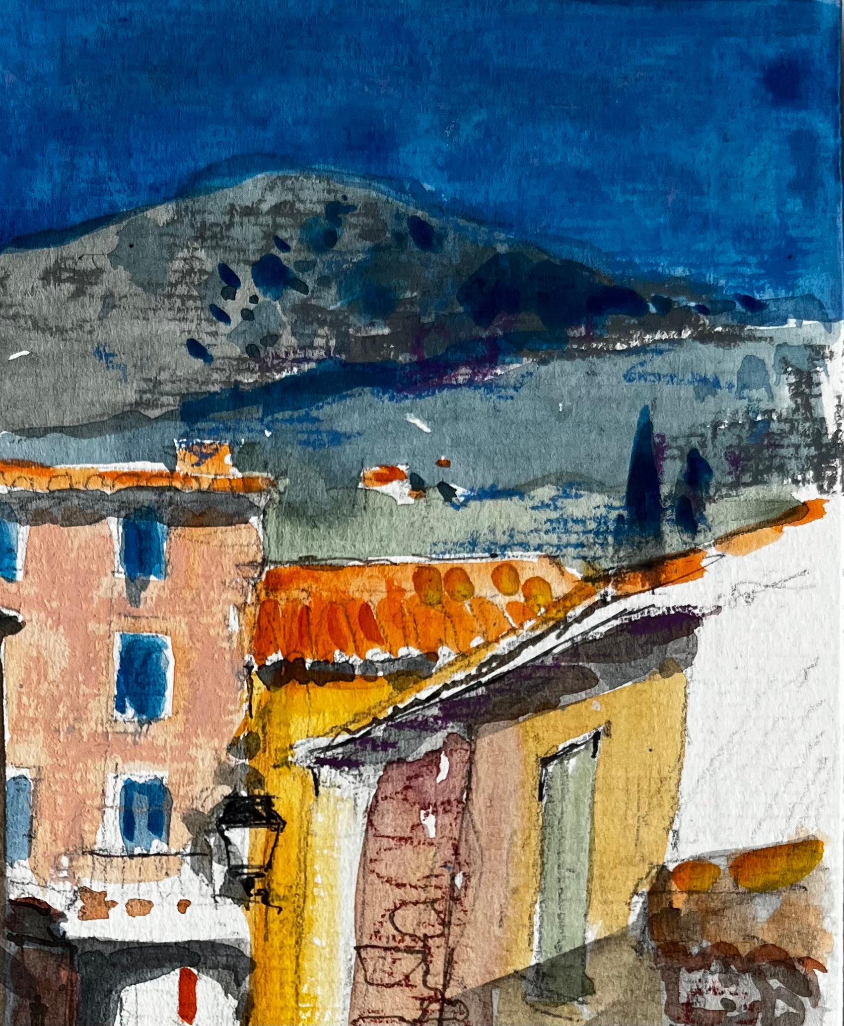 Calle soleada de Gordes con tejados de terracota y colinas lejanas Acuarela - Painting Posimpresionista de Pierre Neveu