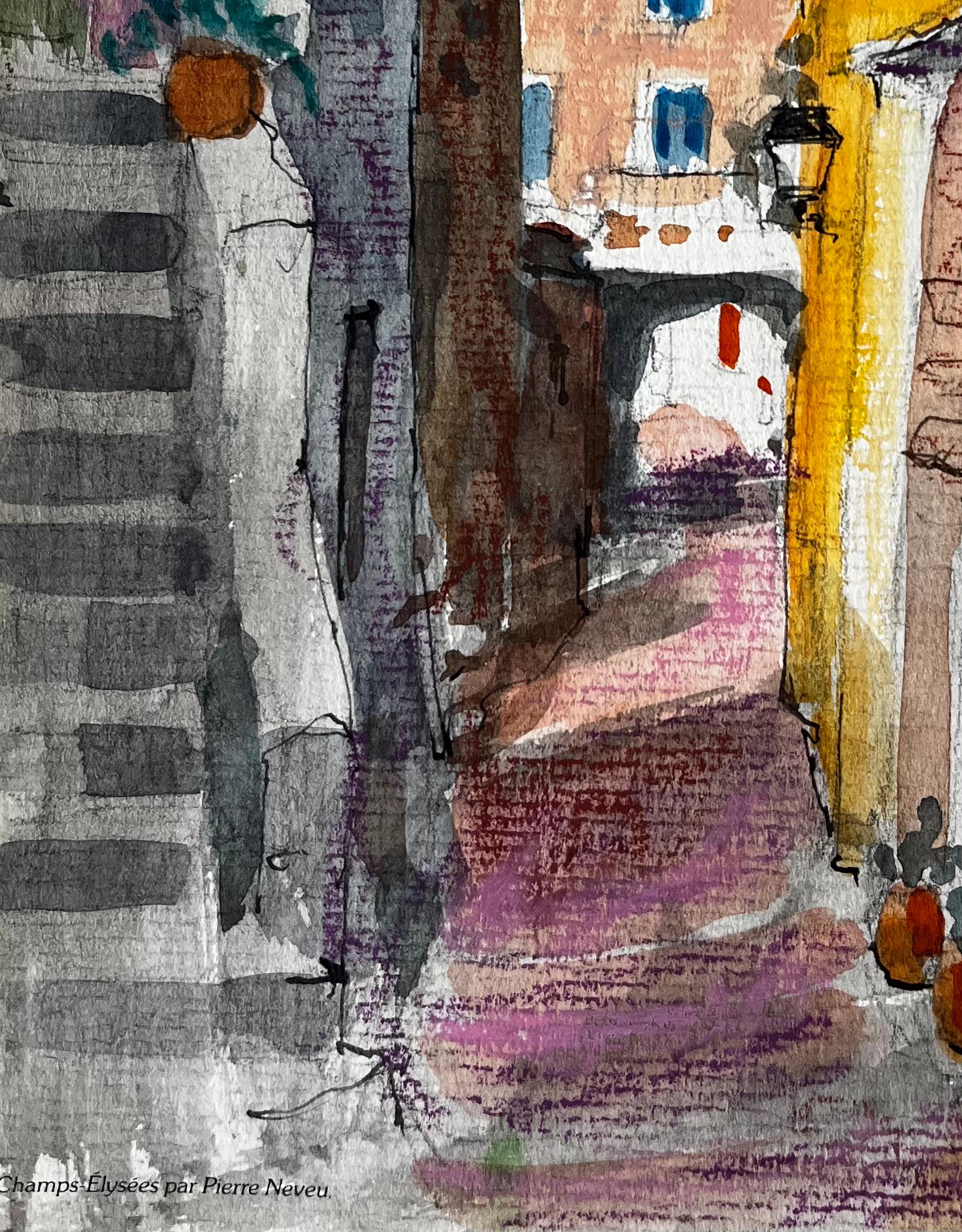 Calle soleada de Gordes con tejados de terracota y colinas lejanas Acuarela en venta 1