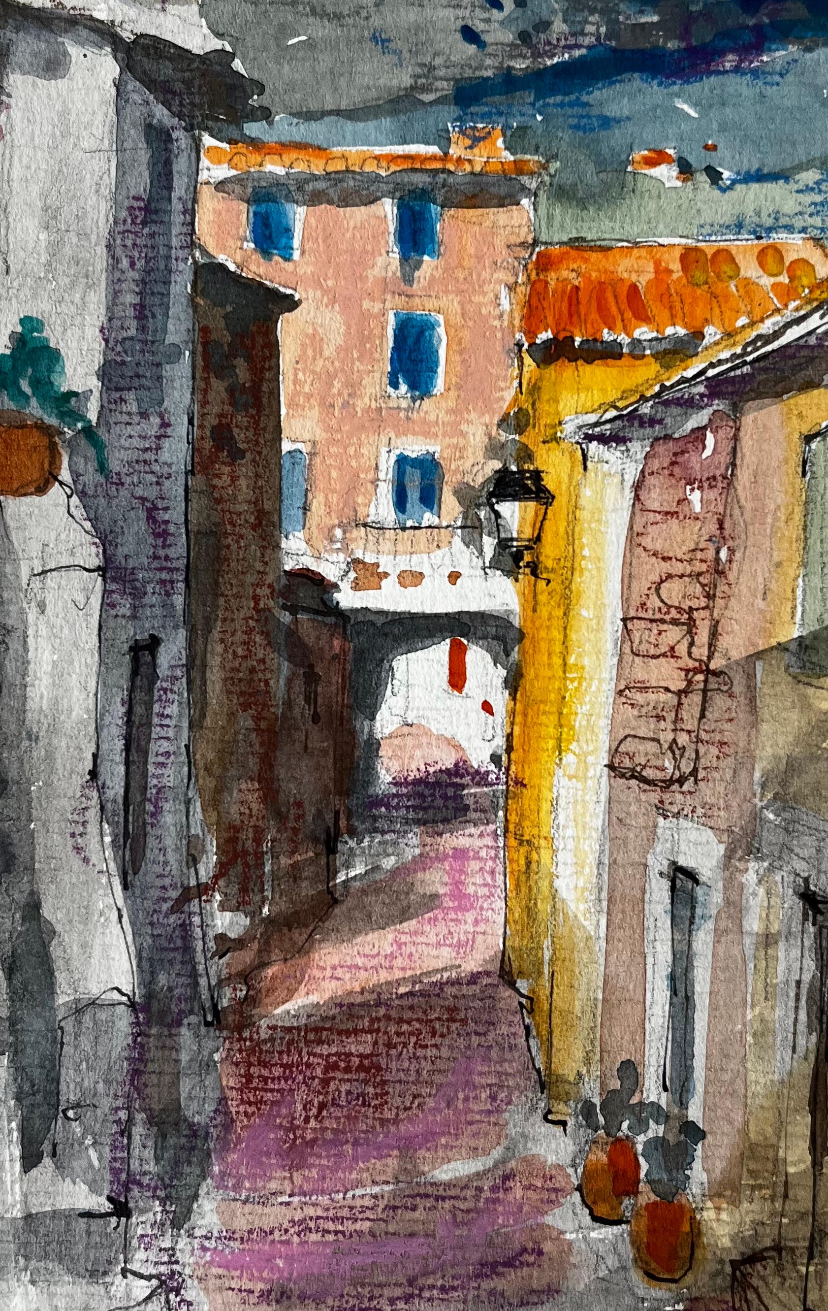 Calle soleada de Gordes con tejados de terracota y colinas lejanas Acuarela en venta 2