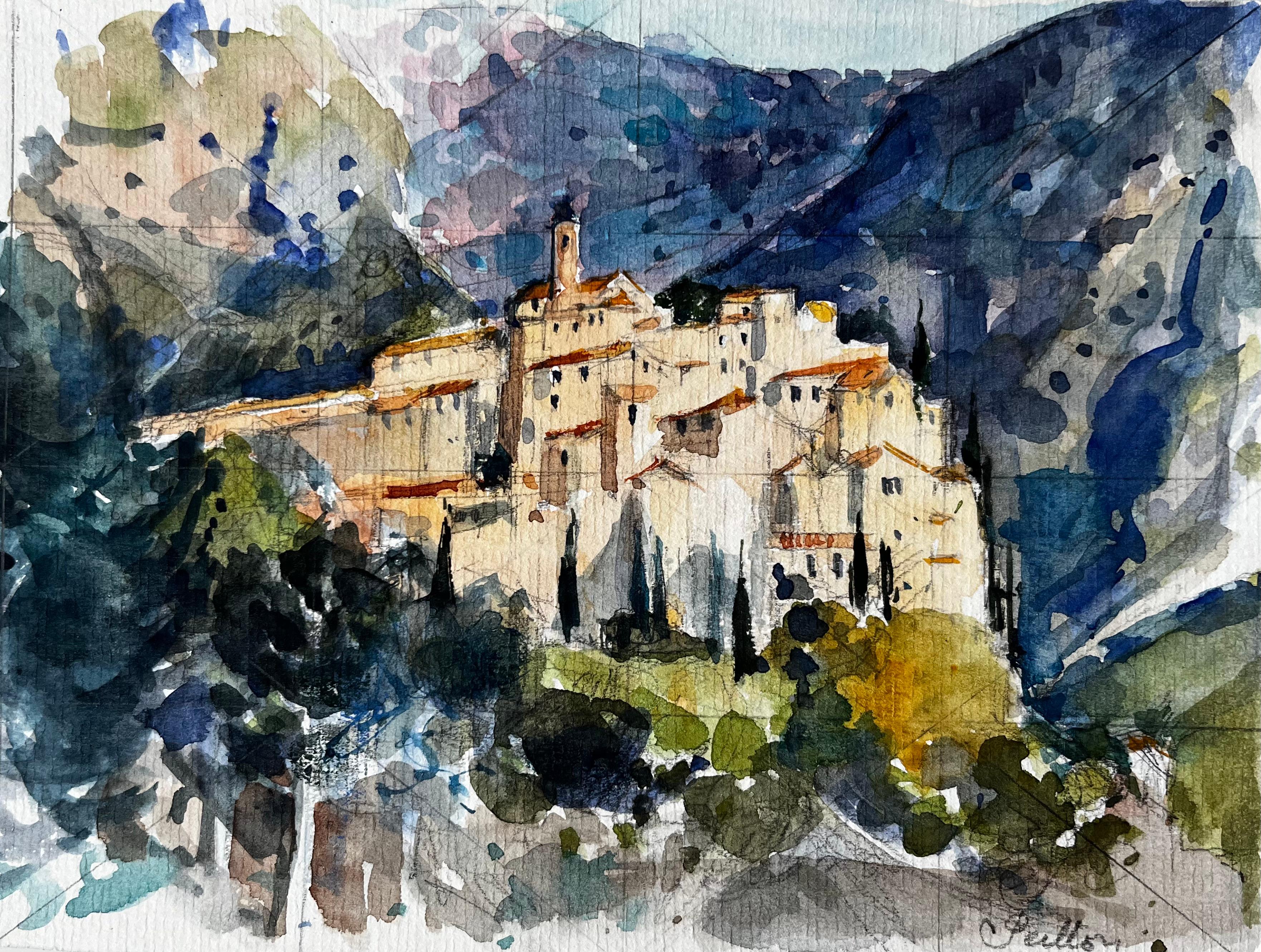 Hilltop Village of Peillon in the Alpes-Maritimes Provence French Watercolour