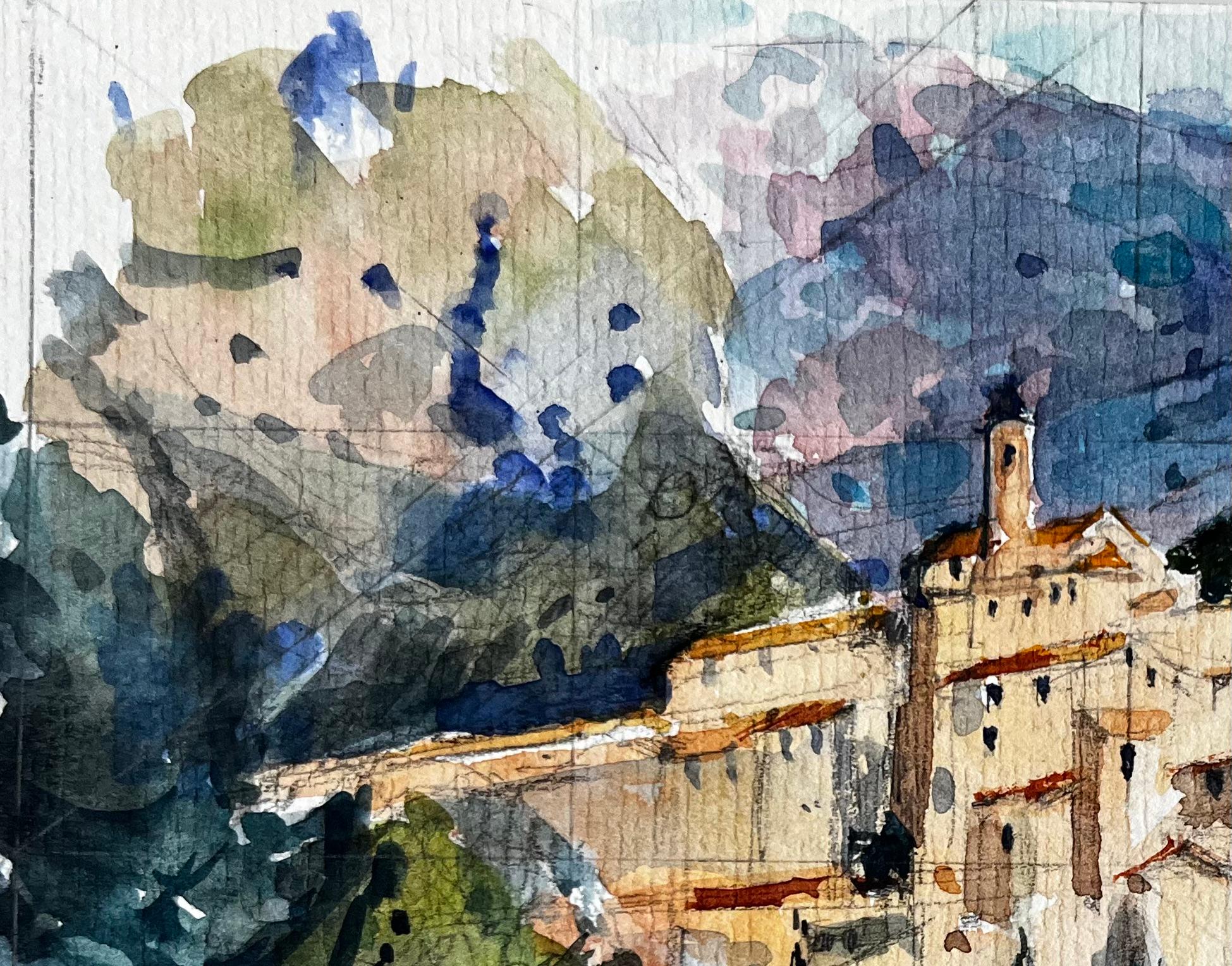 Hilltop Village of Peillon in the Alpes-Maritimes Provence French Watercolour - Black Landscape Art by Pierre Neveu