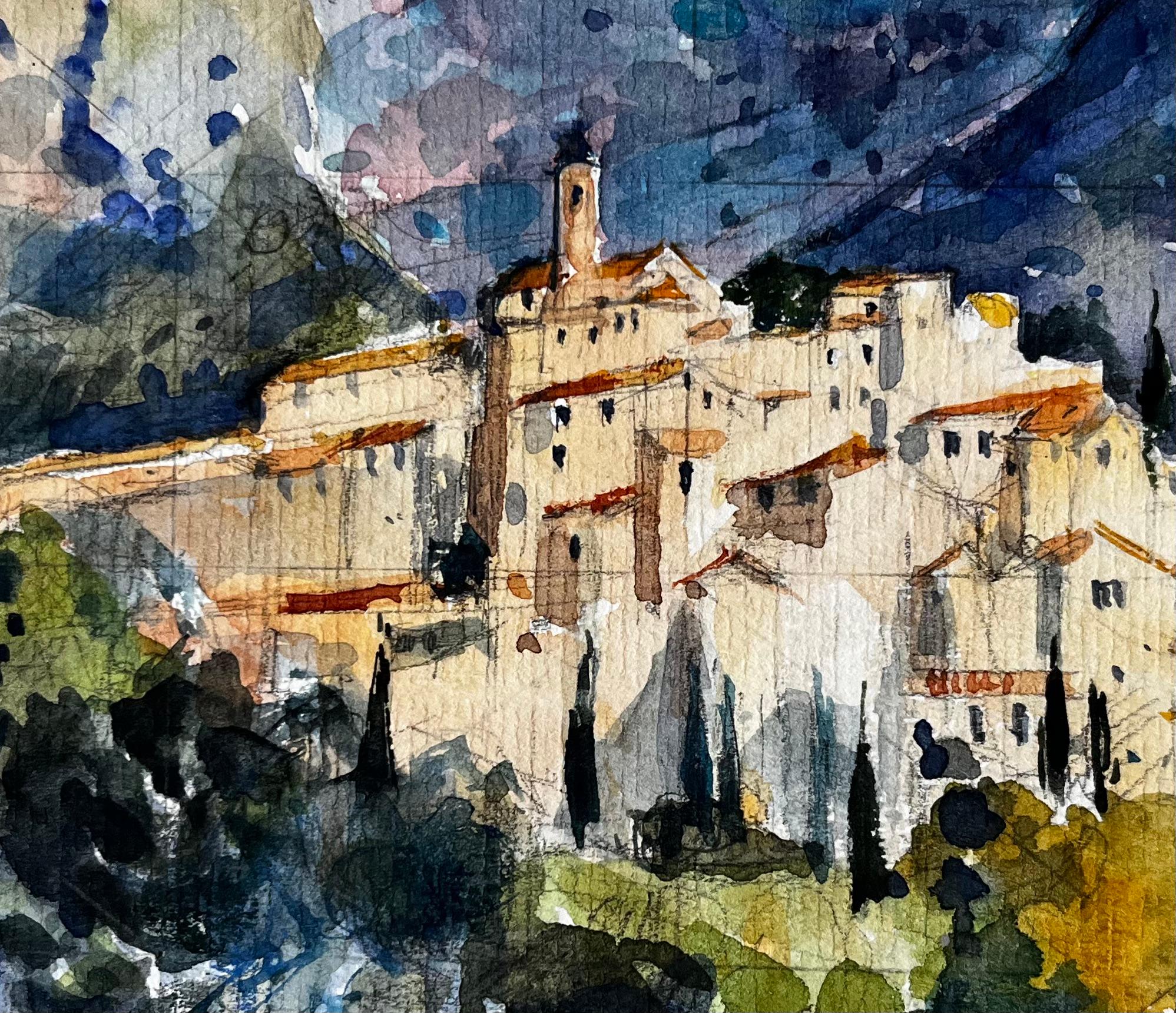 Hilltop Village of Peillon in the Alpes-Maritimes Provence French Watercolour For Sale 2