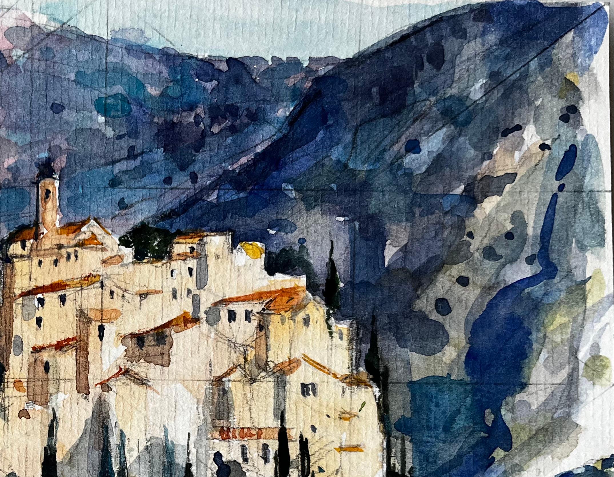 Hilltop Village of Peillon in the Alpes-Maritimes Provence French Watercolour - Post-Impressionist Art by Pierre Neveu