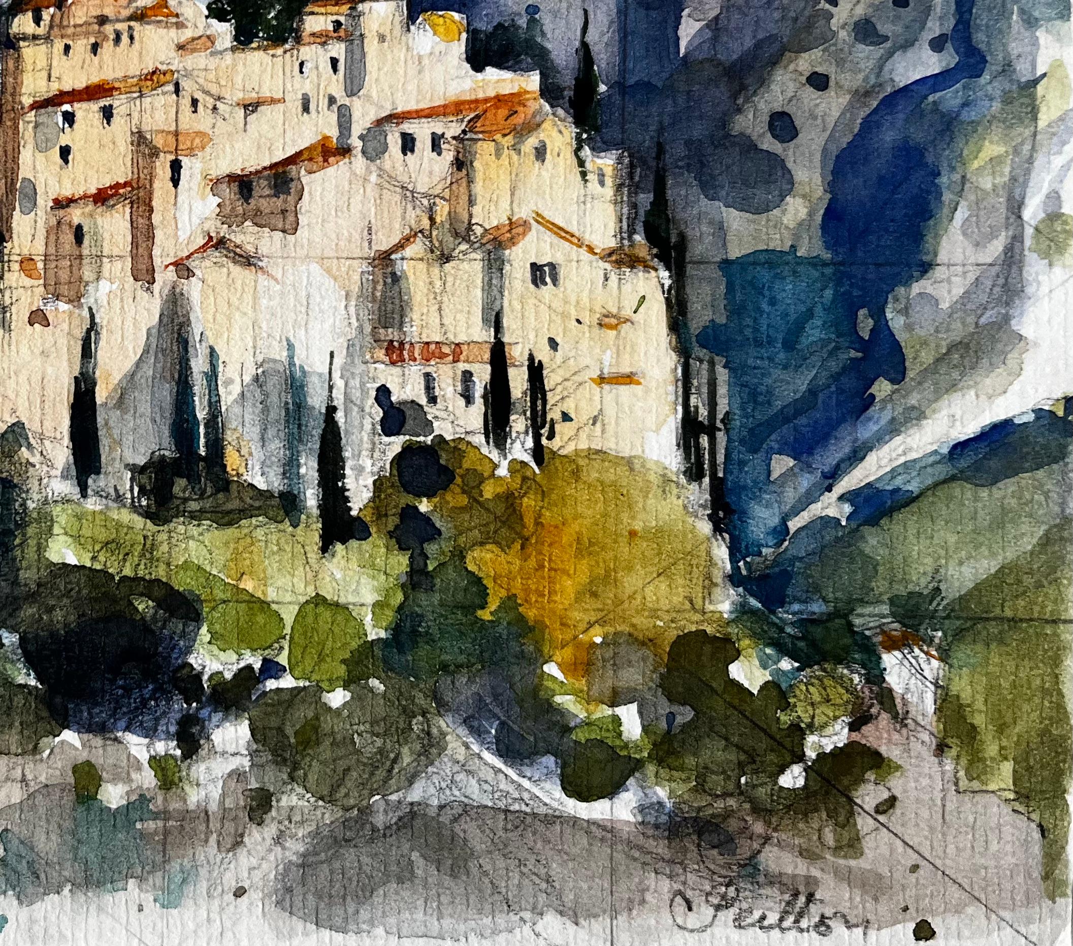 Hilltop Village of Peillon in the Alpes-Maritimes Provence French Watercolour For Sale 1