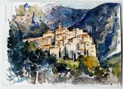 Bergdorf Peillon in den Alpes-Maritimes Provence Französisch Aquarell
