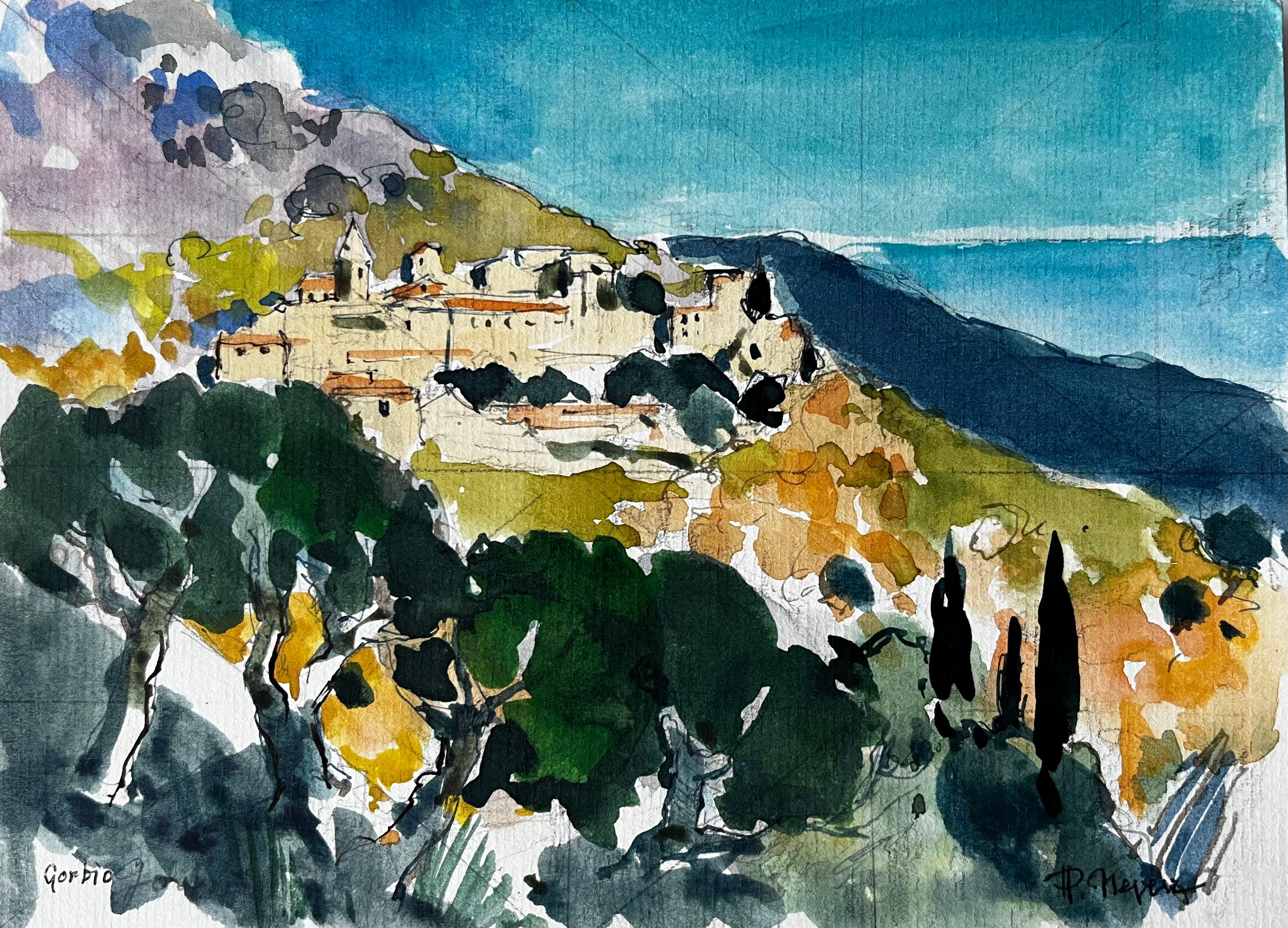 Gorbio Hilltop Village with Cypress Trees and Mediterranean Light Watercolour