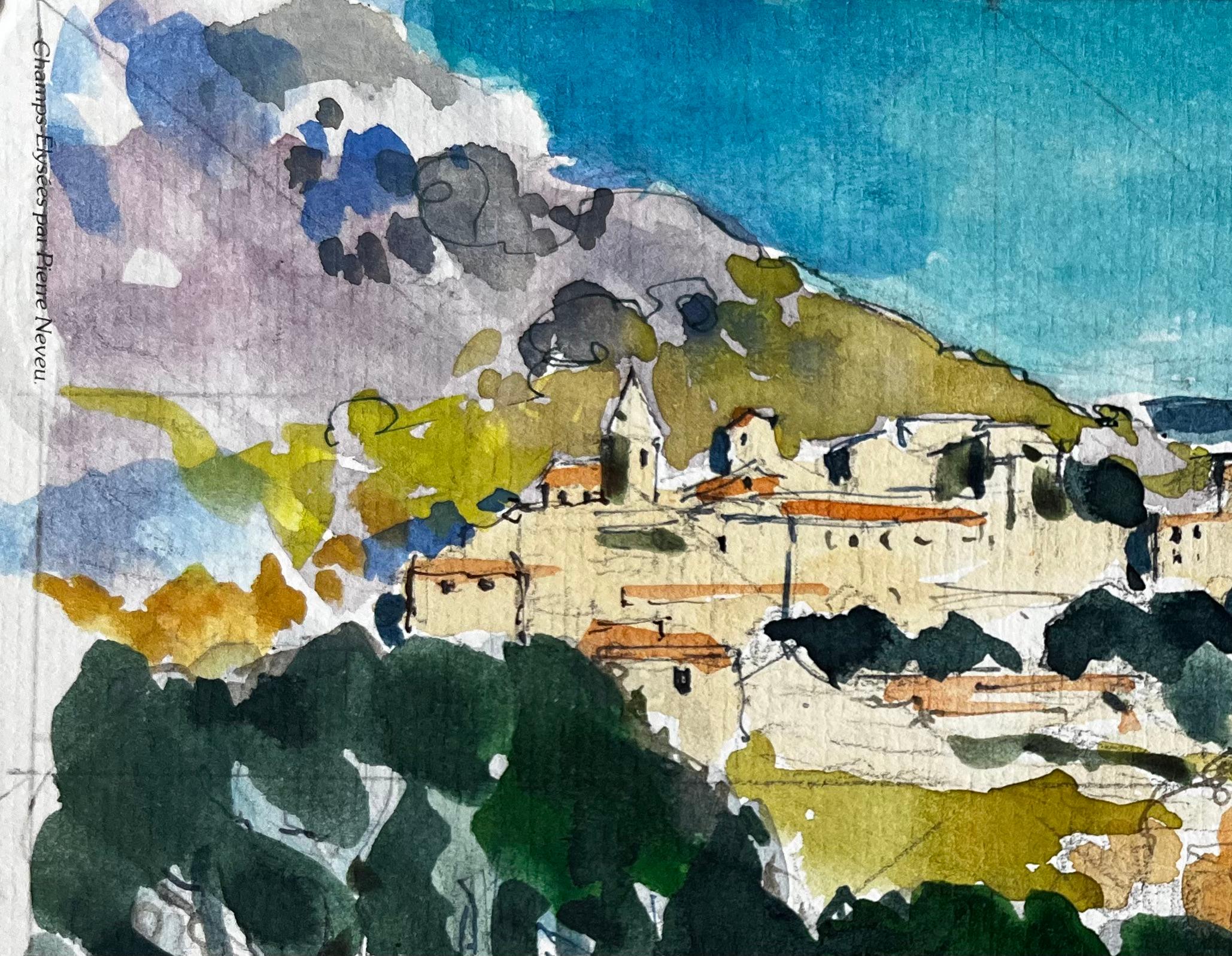 Villaggio in collina di Gorbio con cipressi e luce mediterranea Acquerello - Art Postimpressionismo di Pierre Neveu