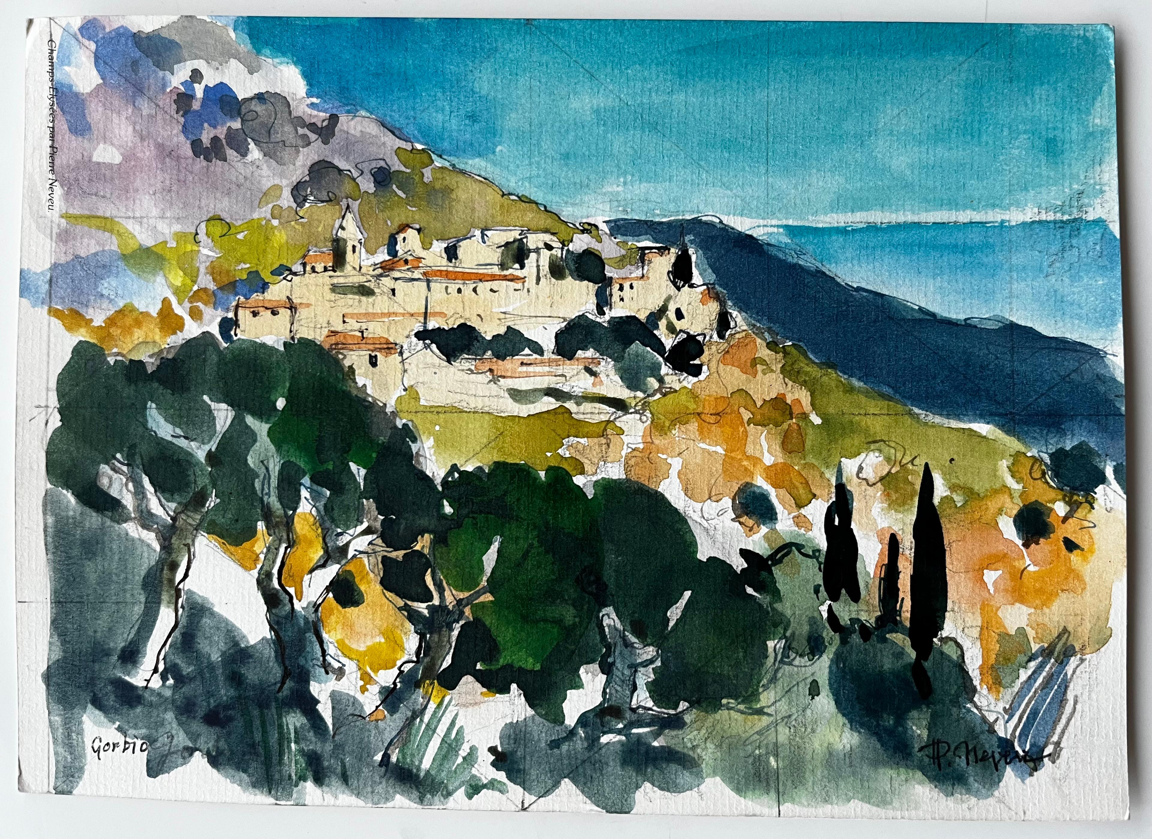 Villaggio in collina di Gorbio con cipressi e luce mediterranea Acquerello - Art di Pierre Neveu