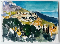 Gorbio Hilltop Village with Cypress Trees and Mediterranean Light Watercolour
