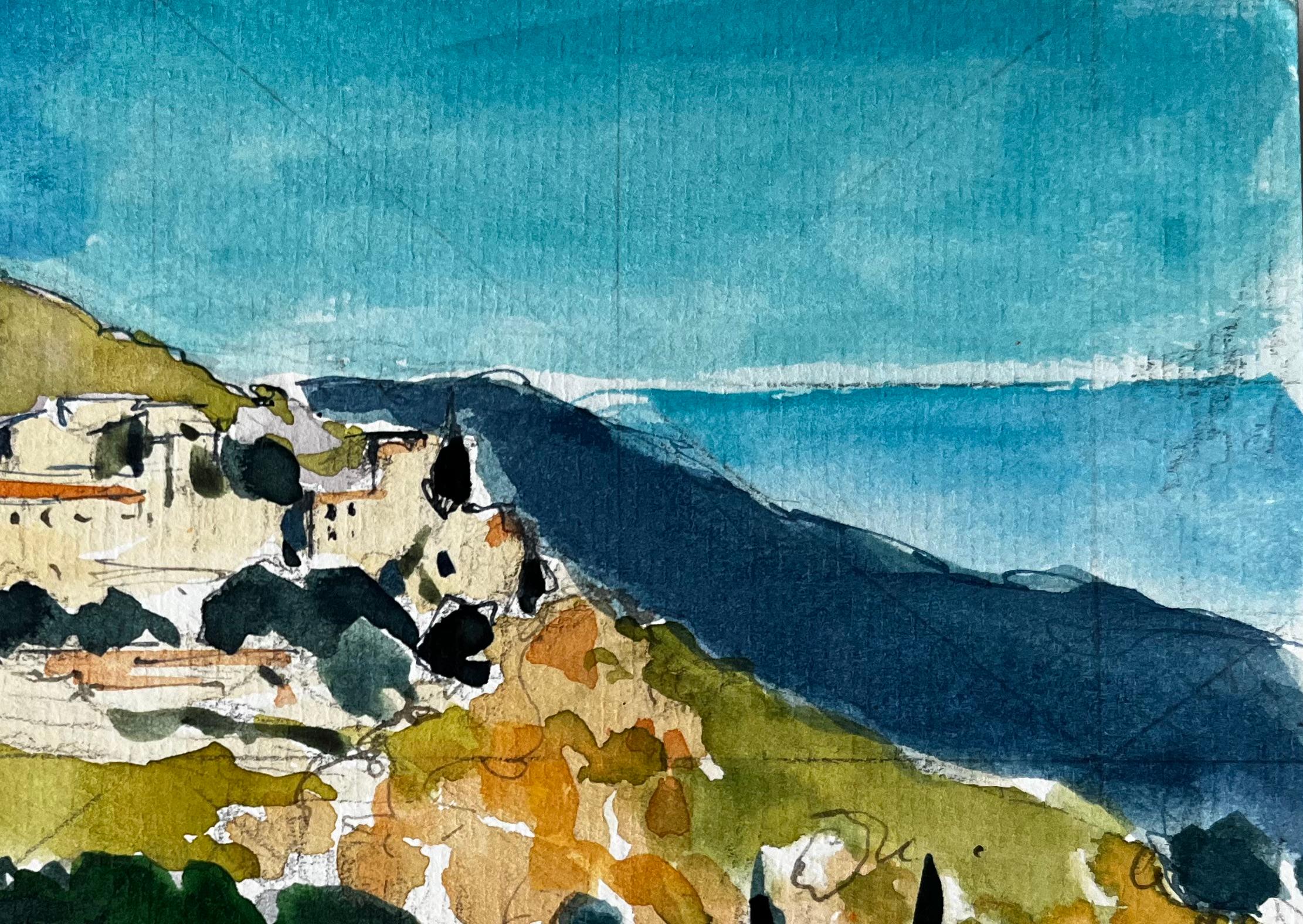 Villaggio in collina di Gorbio con cipressi e luce mediterranea Acquerello - Landscape Art Blu di Pierre Neveu