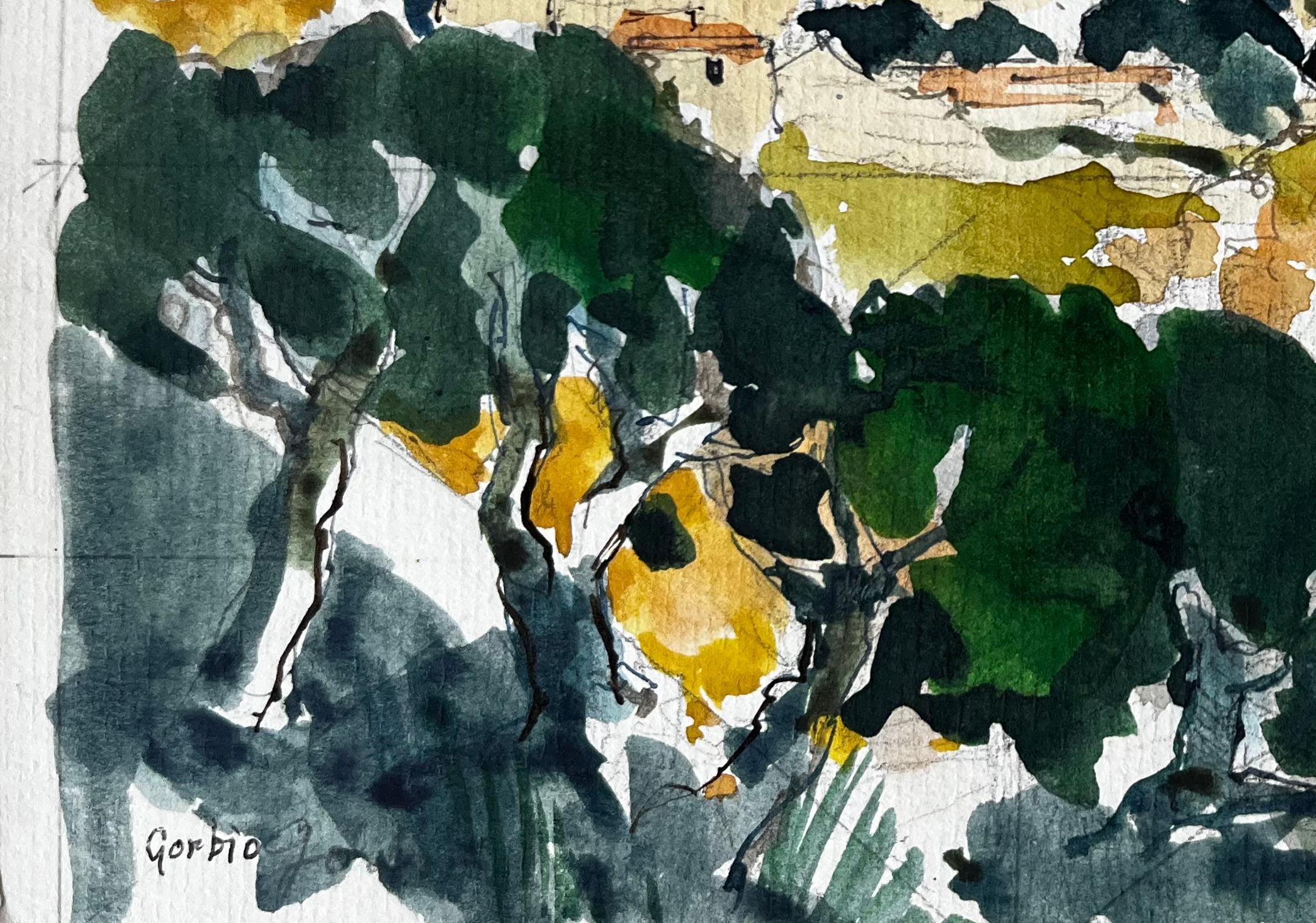 Villaggio in collina di Gorbio con cipressi e luce mediterranea Acquerello in vendita 1