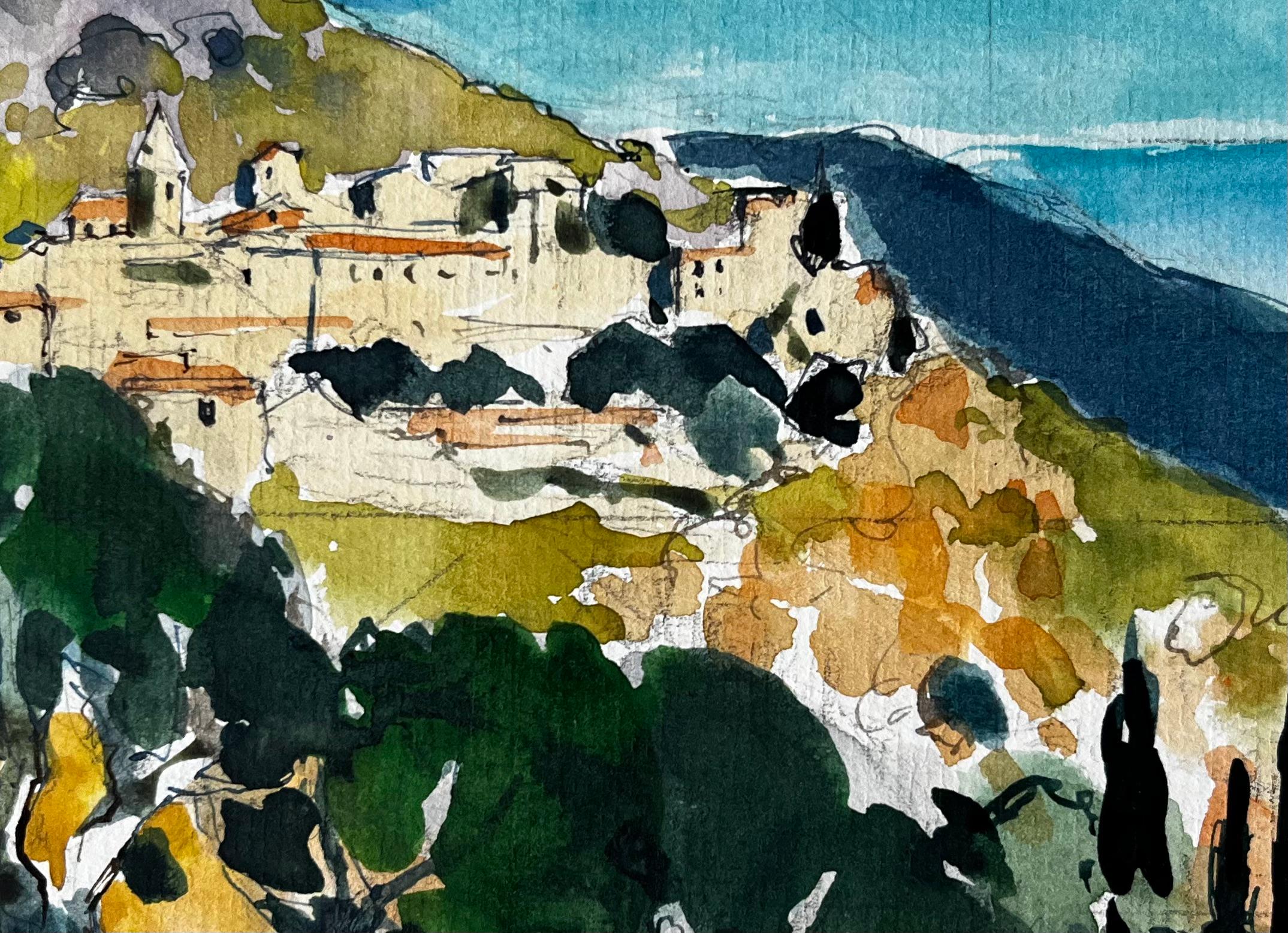 Villaggio in collina di Gorbio con cipressi e luce mediterranea Acquerello in vendita 2