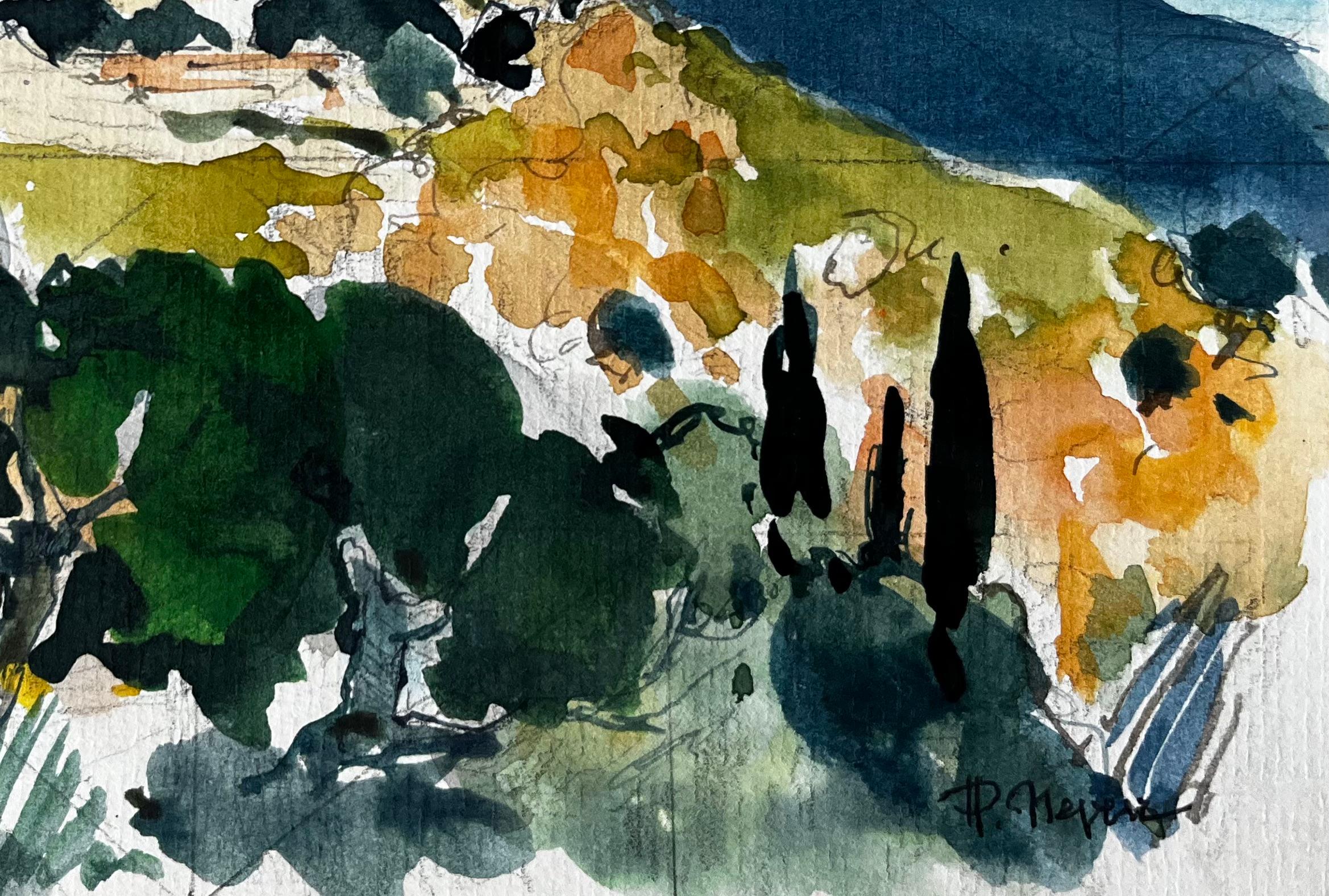 Titolo: Villaggio collinare di Gorbio con cipressi e luce mediterranea Acquerello
Artista: Pierre Neveu (francese, nato nel 1929)
Medium: Acquerello su carta da artisti, senza cornice
Dimensioni (H. x L): 6,25 x 8,5 pollici
Firmato: Firmato in basso