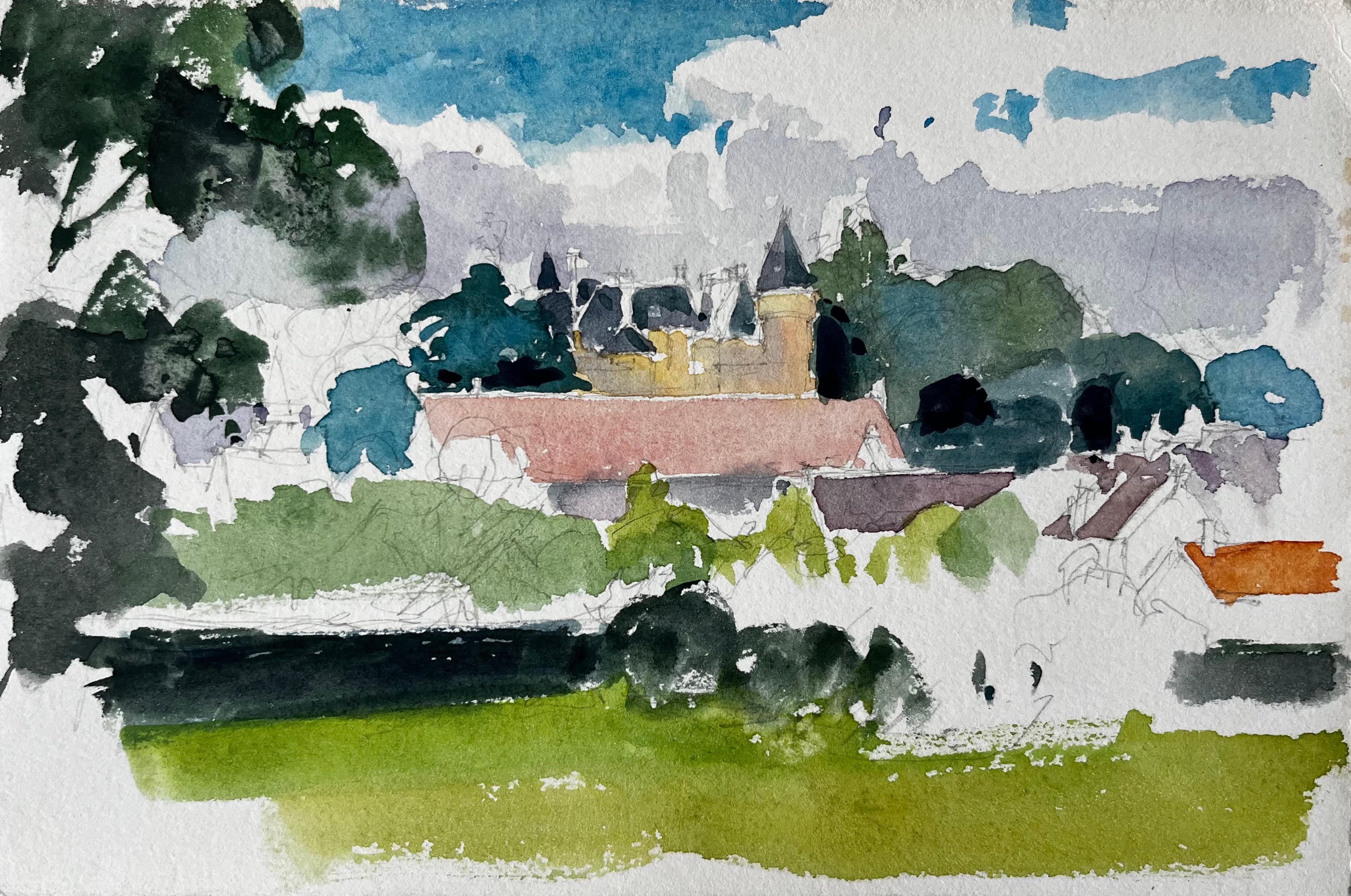 French Château Landscape Study with Trees and Red Roofs Countryside Watercolour