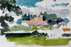 French Château Landscape Study with Trees and Red Roofs Countryside Watercolour