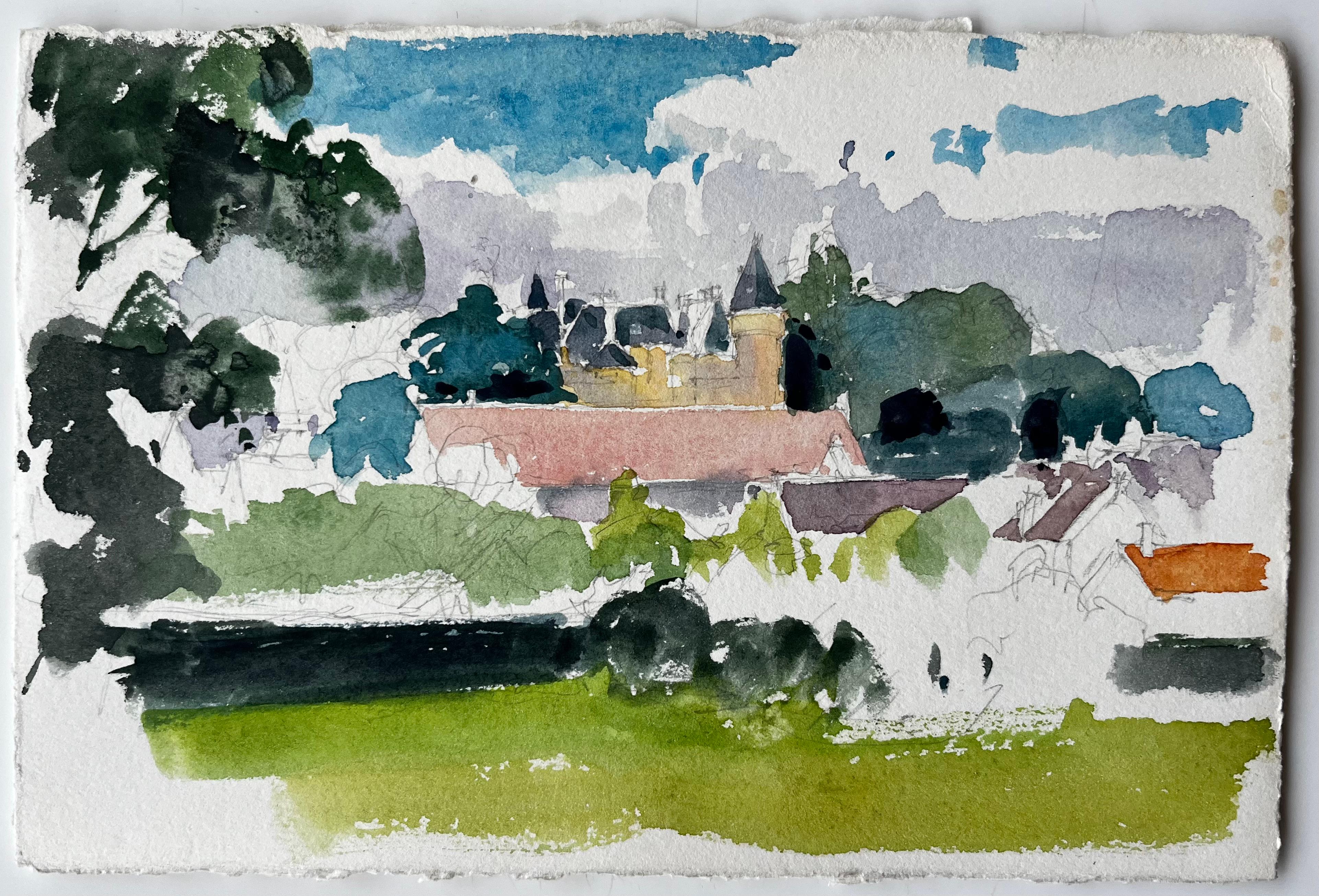 Estudio de paisaje de castillo francés con árboles y tejados rojos Acuarela de campo - Art de Pierre Neveu