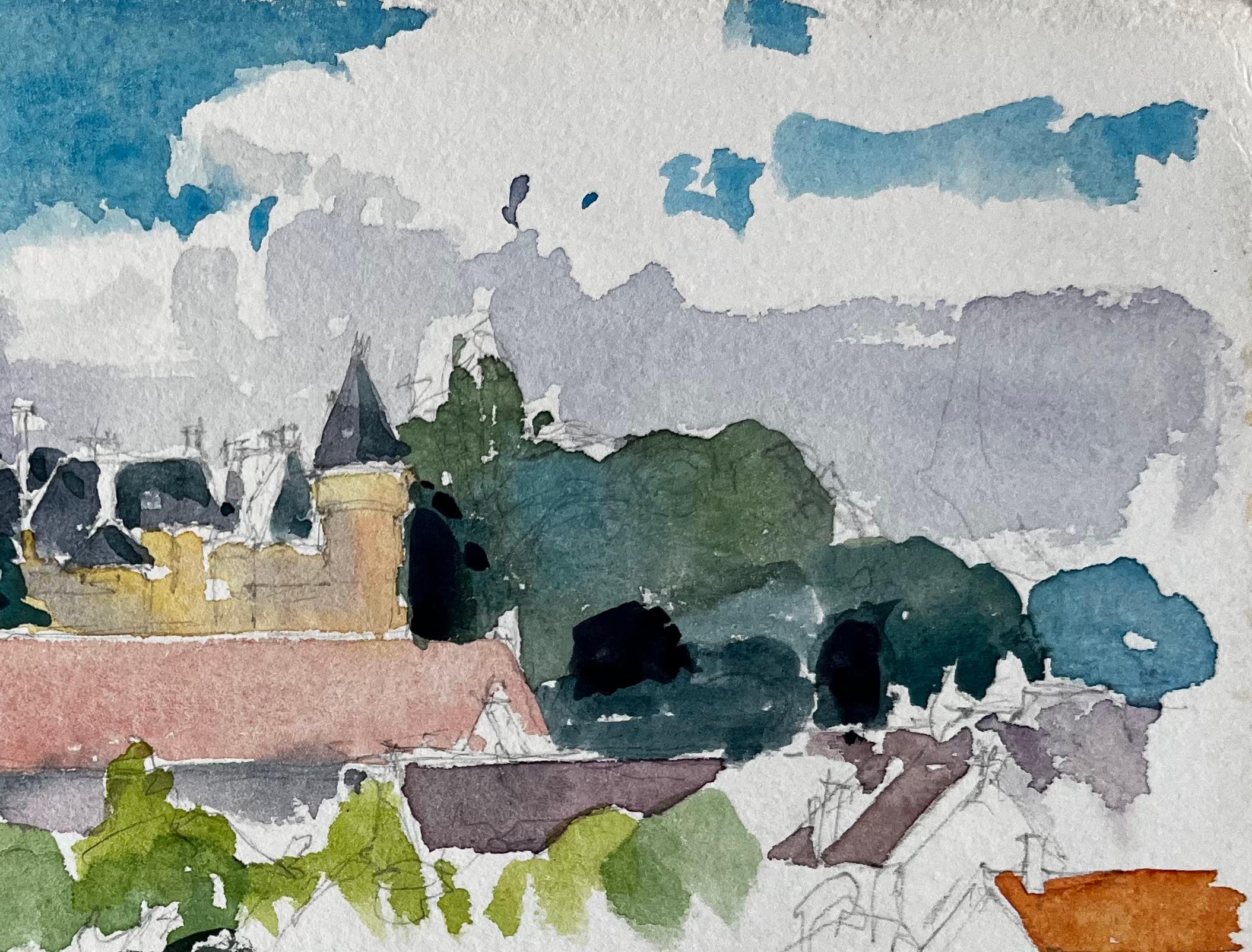 Estudio de paisaje de castillo francés con árboles y tejados rojos Acuarela de campo - Art Posimpresionista de Pierre Neveu