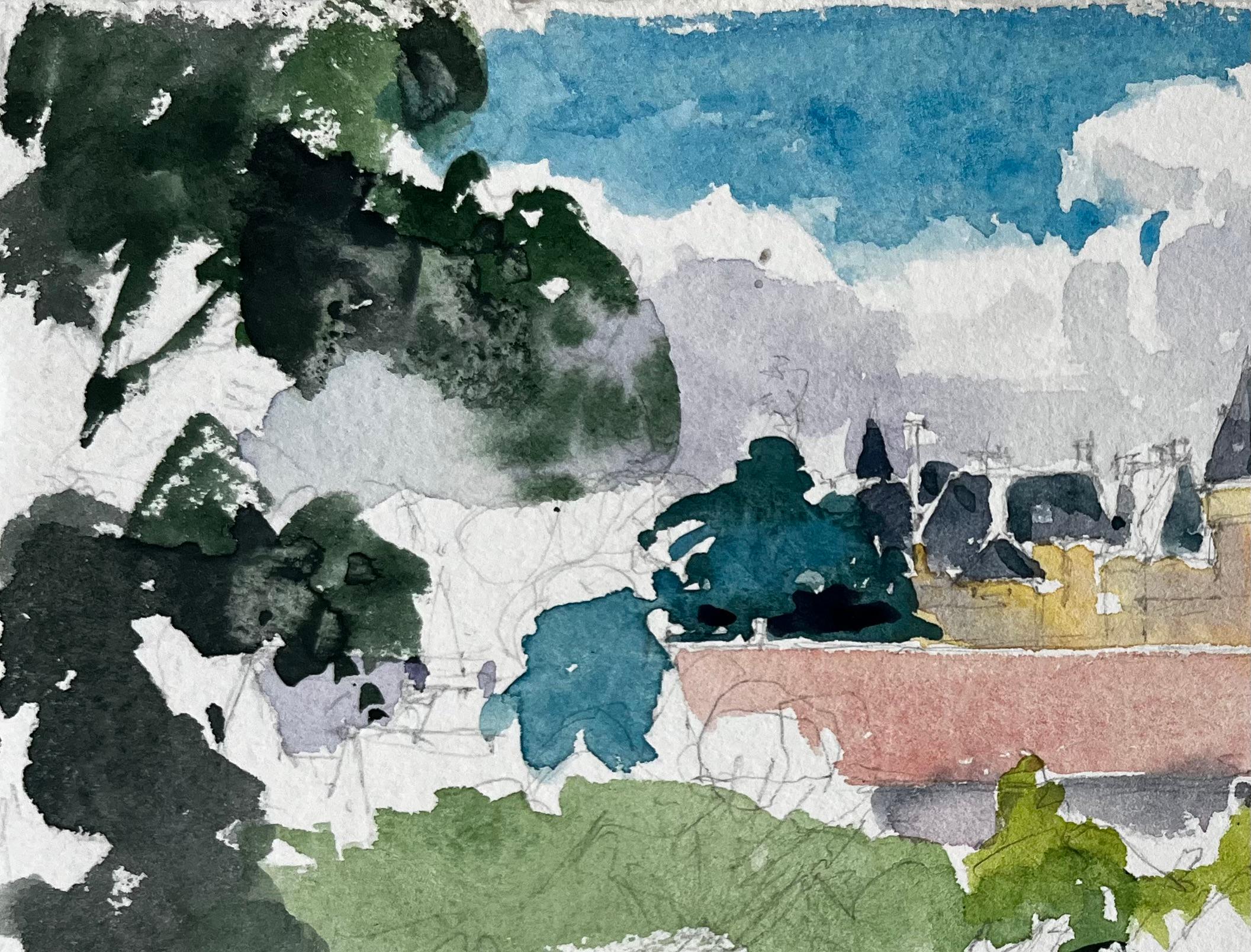 Estudio de paisaje de castillo francés con árboles y tejados rojos Acuarela de campo - Landscape Art Gris de Pierre Neveu