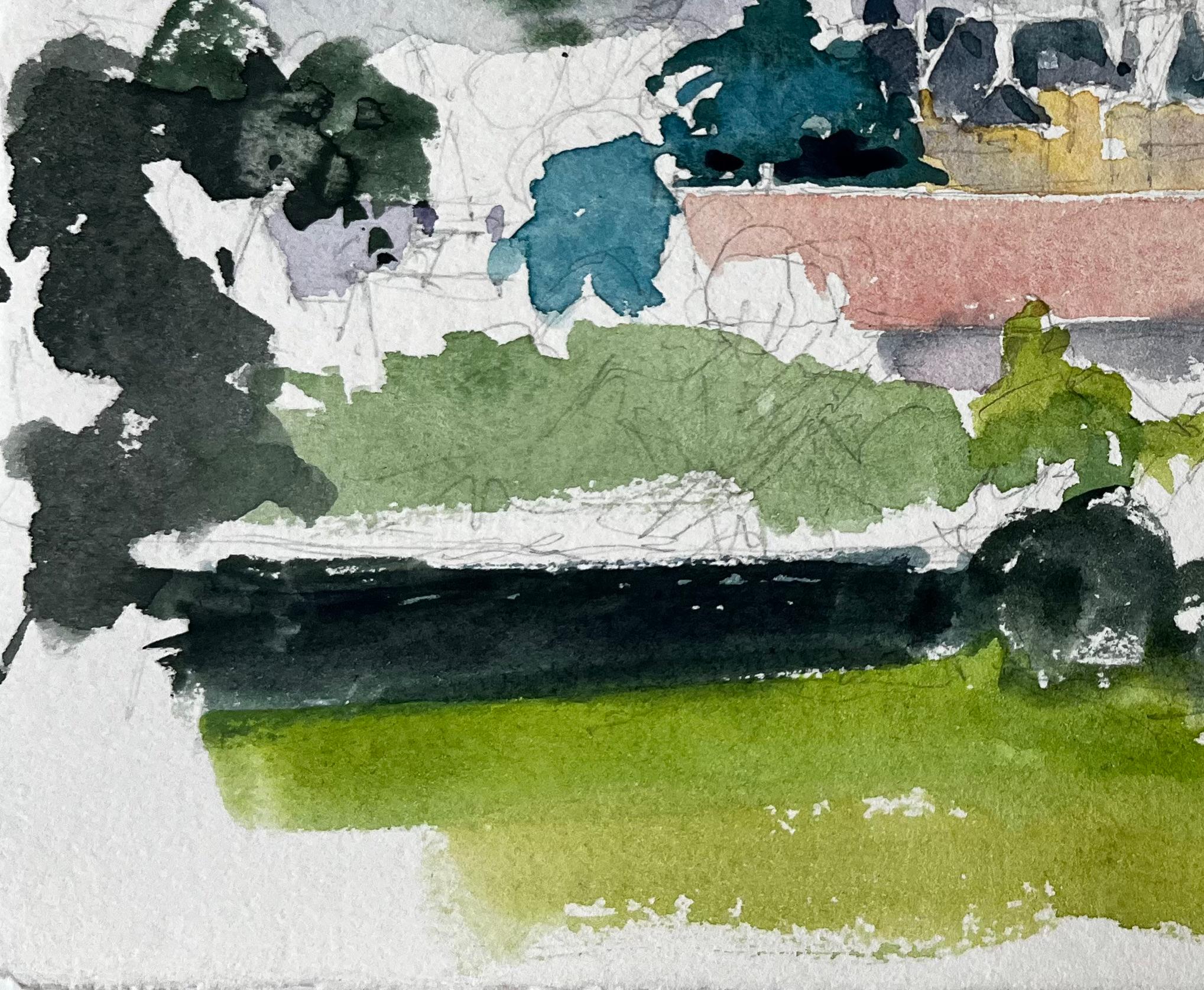 Estudio de paisaje de castillo francés con árboles y tejados rojos Acuarela de campo en venta 1