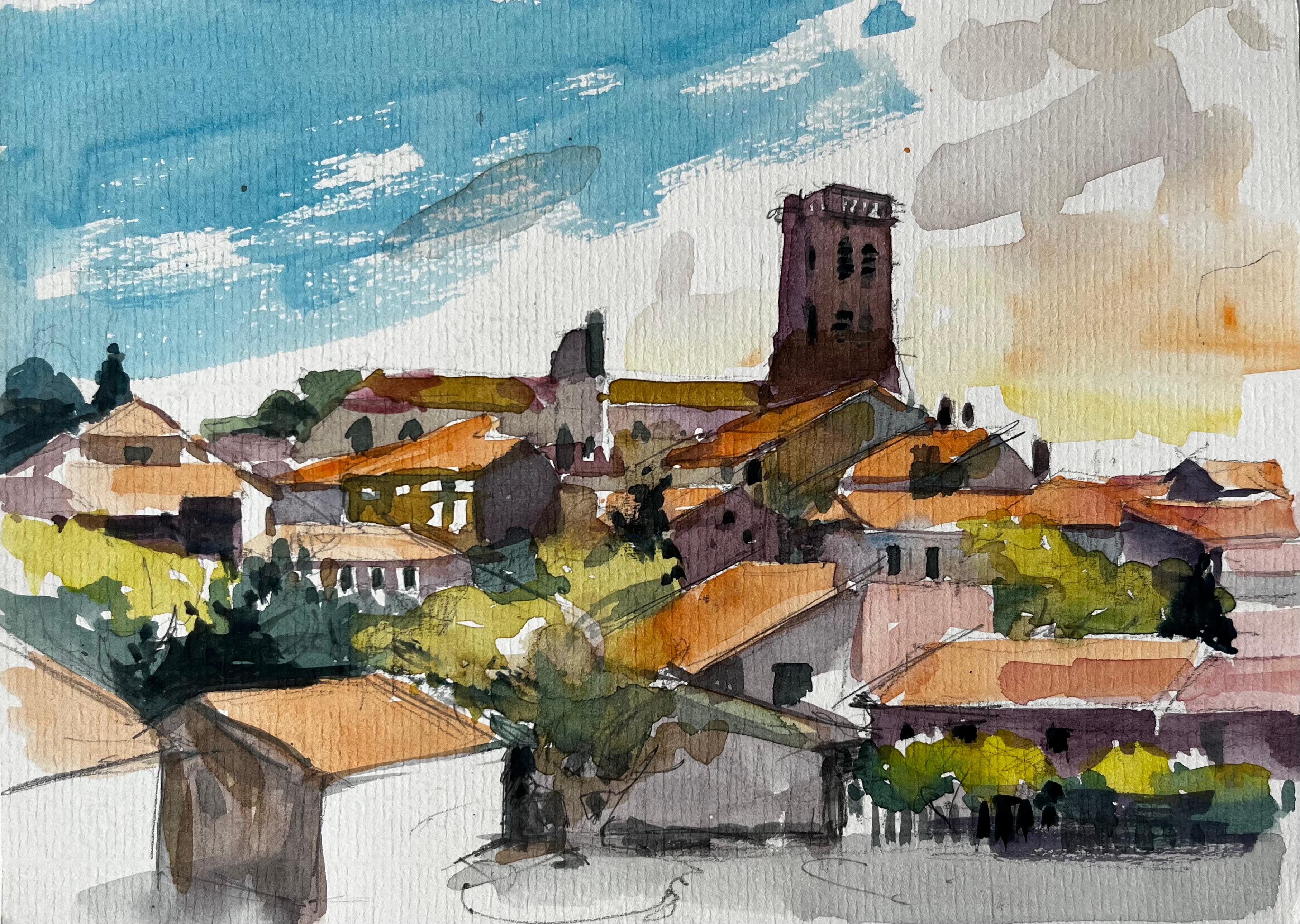 Hilltop Village with Church Tower and Red Tiled Roofs Provence Watercolour