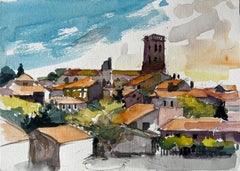 Hilltop Village with Church Tower and Red Tiled Roofs Provence Watercolour