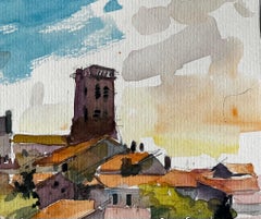 Hilltop Village with Church Tower and Red Tiled Roofs Provence Watercolour
