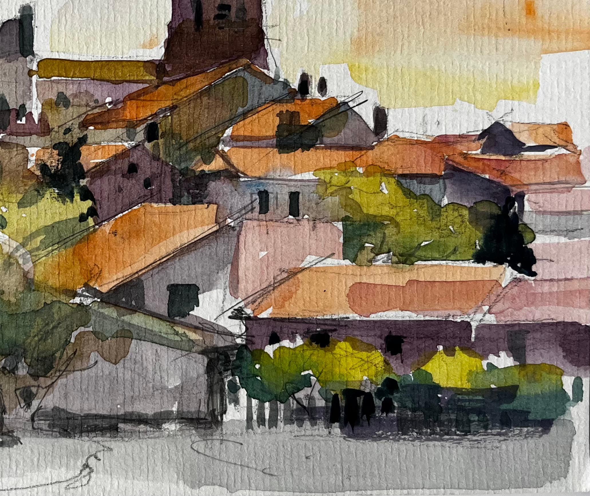 Village perché avec le clocher de l'église et les toits de tuiles rouges Provence Aquarelle - Gris Landscape Art par Pierre Neveu
