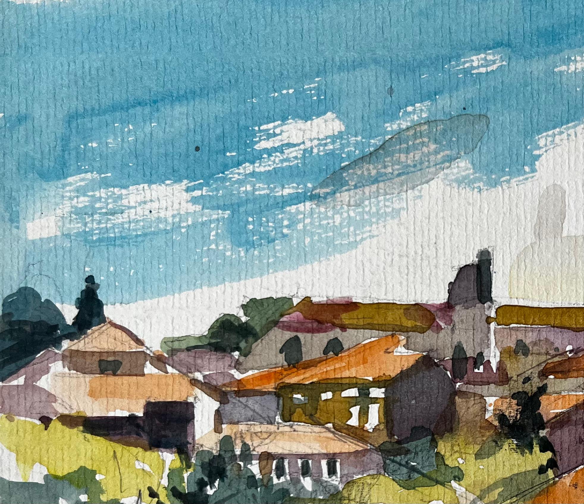 Village perché avec le clocher de l'église et les toits de tuiles rouges Provence Aquarelle en vente 1