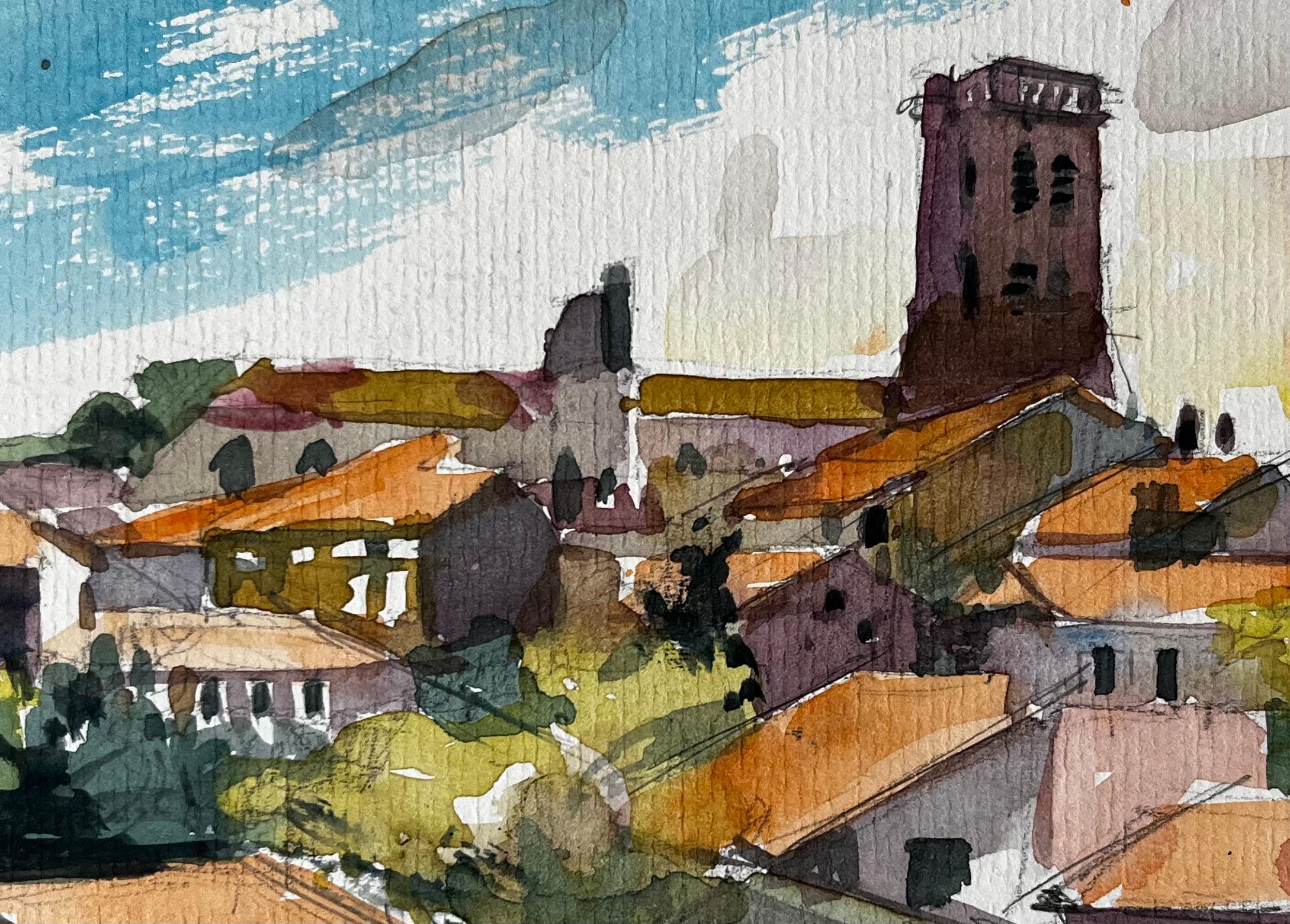 Village perché avec le clocher de l'église et les toits de tuiles rouges Provence Aquarelle en vente 2