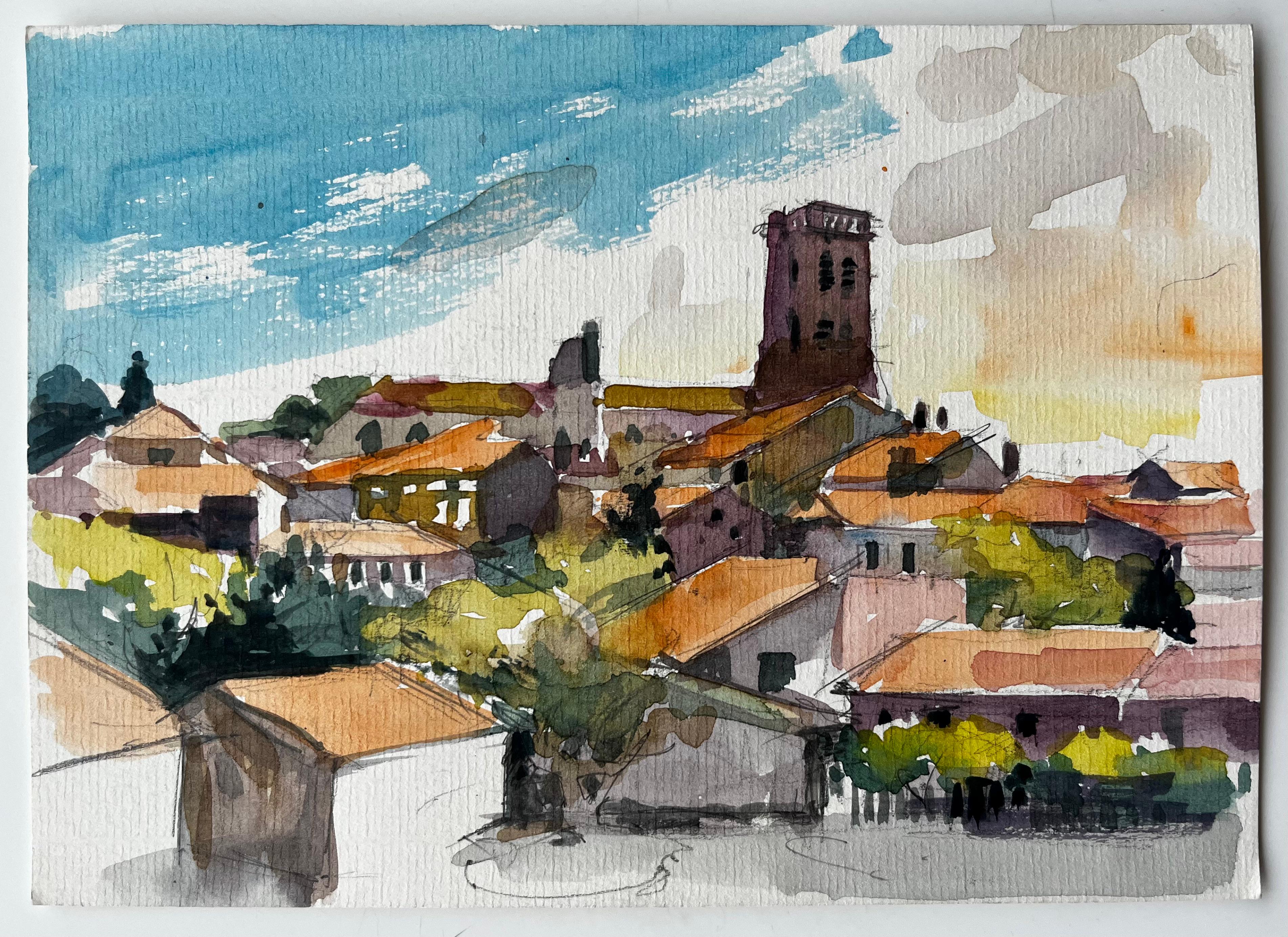 Village perché avec le clocher de l'église et les toits de tuiles rouges Provence Aquarelle - Post-impressionnisme Art par Pierre Neveu