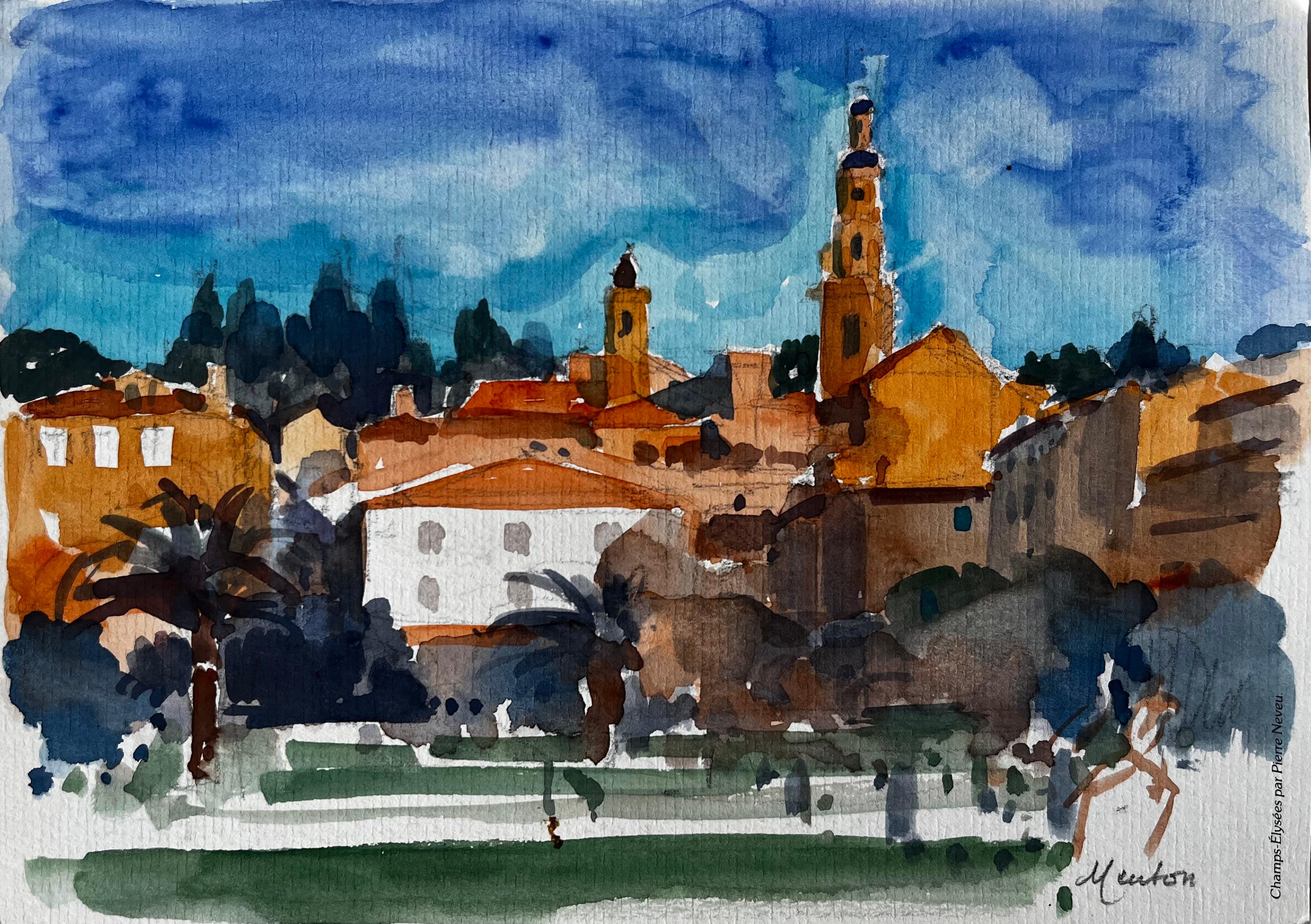 Menton French Riviera Cityscape with Church Towers and Palm Trees Watercolour