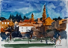 Menton French Riviera Cityscape with Church Towers and Palm Trees Watercolour