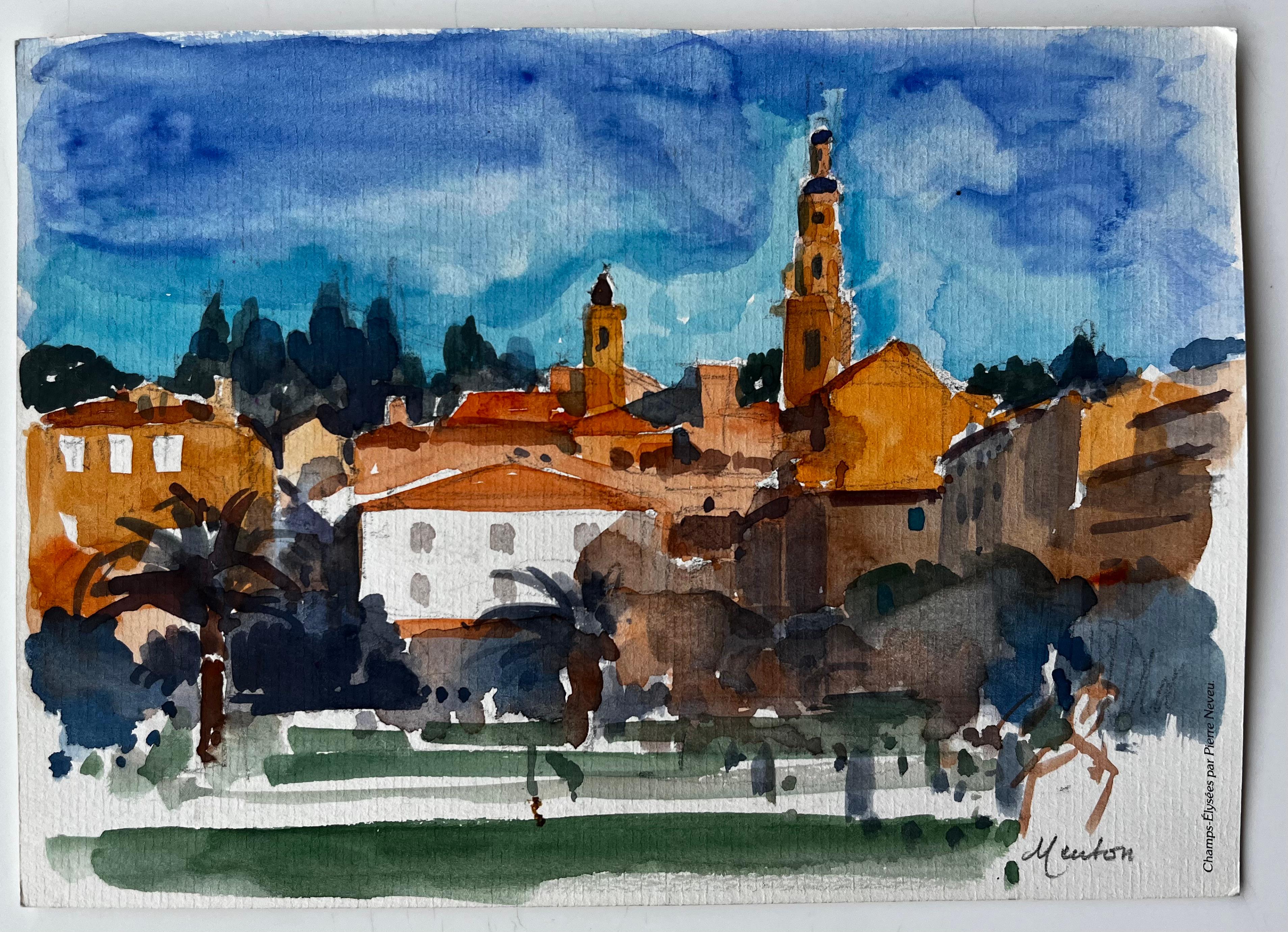 Paisaje urbano de la Riviera francesa de Menton con torres de iglesias y palmeras Acuarela - Art de Pierre Neveu