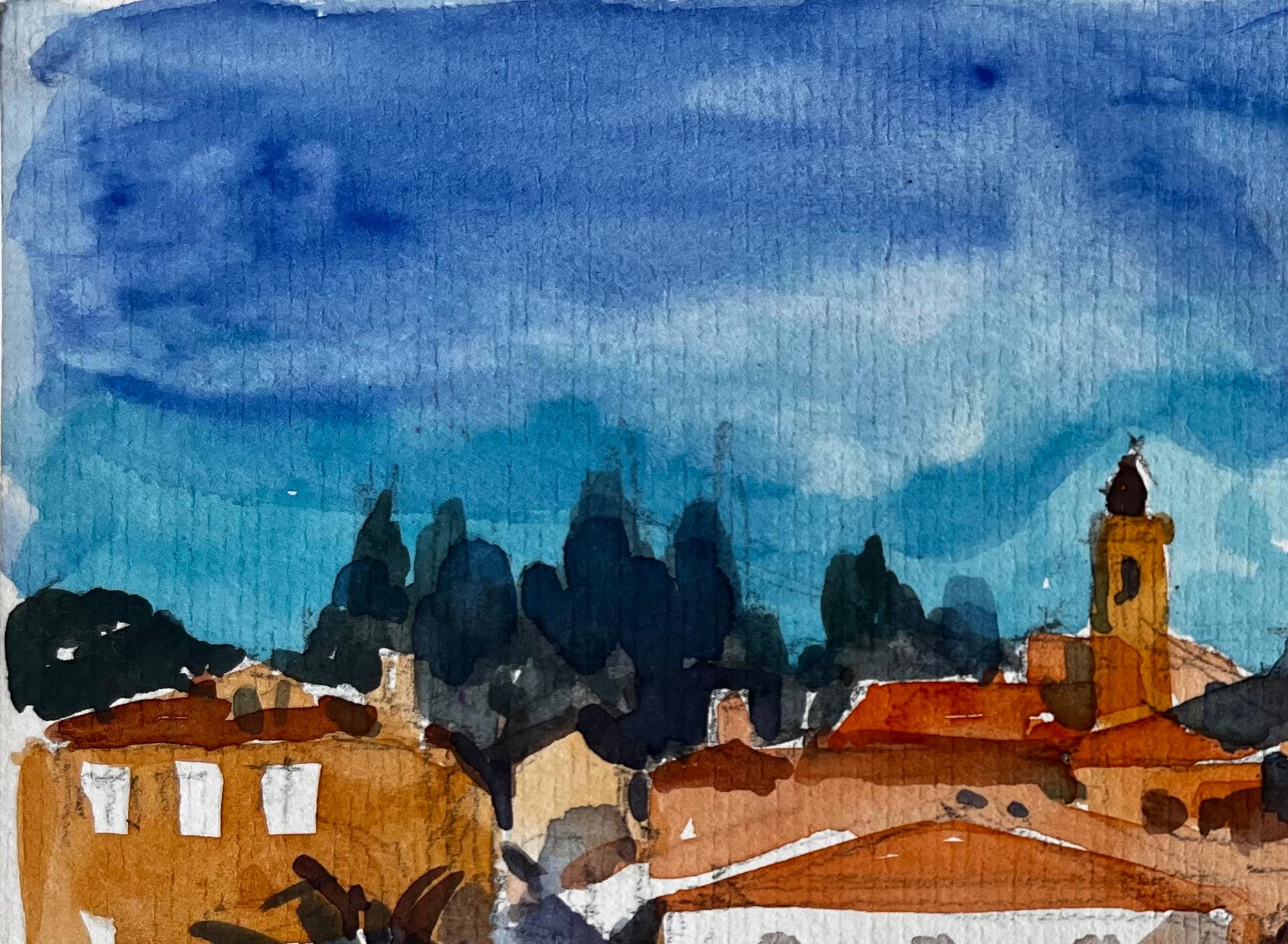 Paisaje urbano de la Riviera francesa de Menton con torres de iglesias y palmeras Acuarela en venta 1