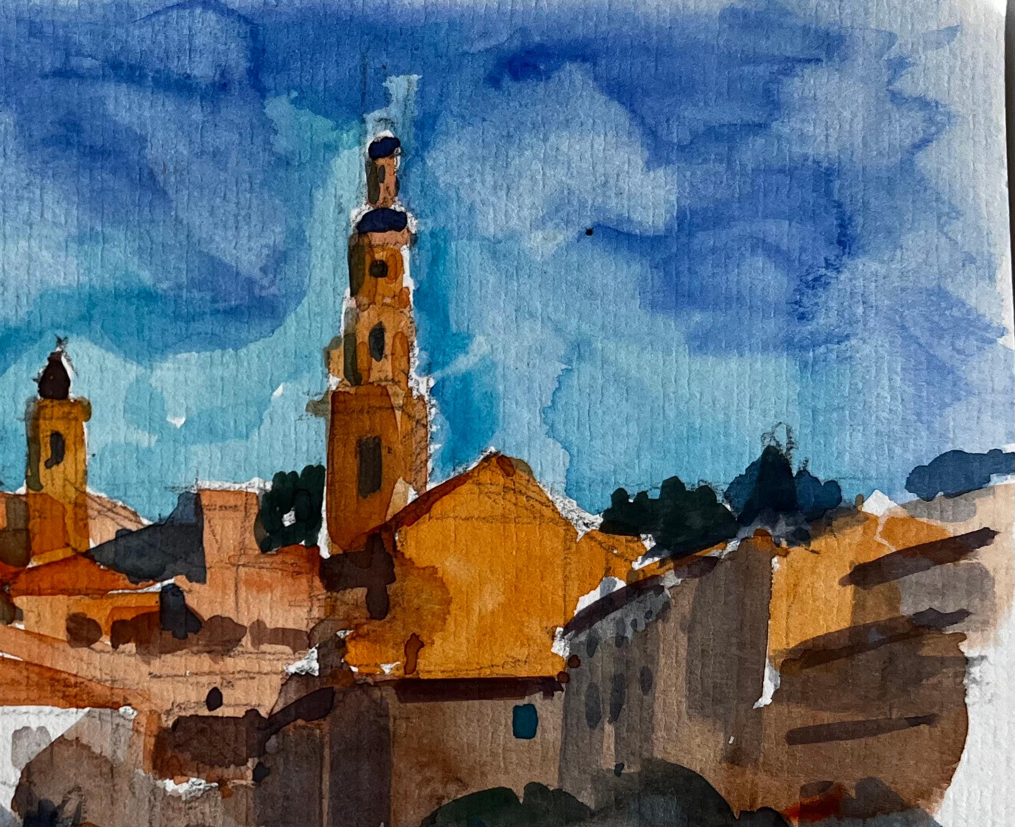 Paisaje urbano de la Riviera francesa de Menton con torres de iglesias y palmeras Acuarela - Art Posimpresionista de Pierre Neveu